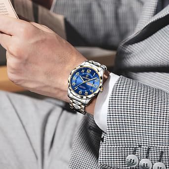 BINBOND Watch for Men Luxury Big Face Business Dress Analog Quartz Two Tone Stainless Steel Date Casual Wrist Watches Waterproof Luminous