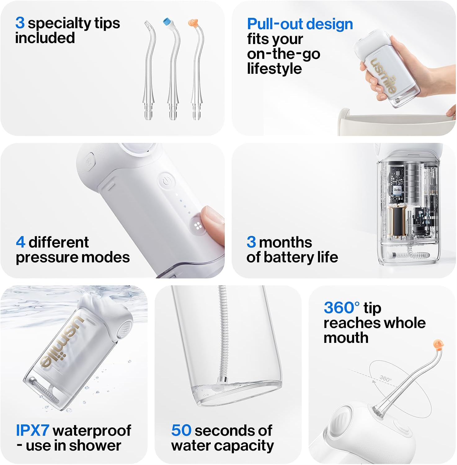 usmile C10 Portable Water Flosser – Travel-Friendly, 95-Day Battery, 4 Modes, 360° Nozzle, 180ml Tank, IPX7 Waterproof, Dentist-Recommended for Braces, Implants & Sensitive Gums (White) - Image 6