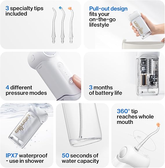 usmile C10 Portable Water Flosser for Travel 95-Day Battery, 4 Modes, 360 Nozzle, 180ml Tank, IPX7 Waterproof, Dentist-Recommended for Braces, Implants & Sensitive Gums (White)
