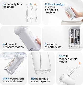 usmile C10 Portable Water Flosser for Travel 95-Day Battery, 4 Modes, 360 Nozzle, 180ml Tank, IPX7 Waterproof, Dentist-Recommended for Braces, Implants & Sensitive Gums (White)