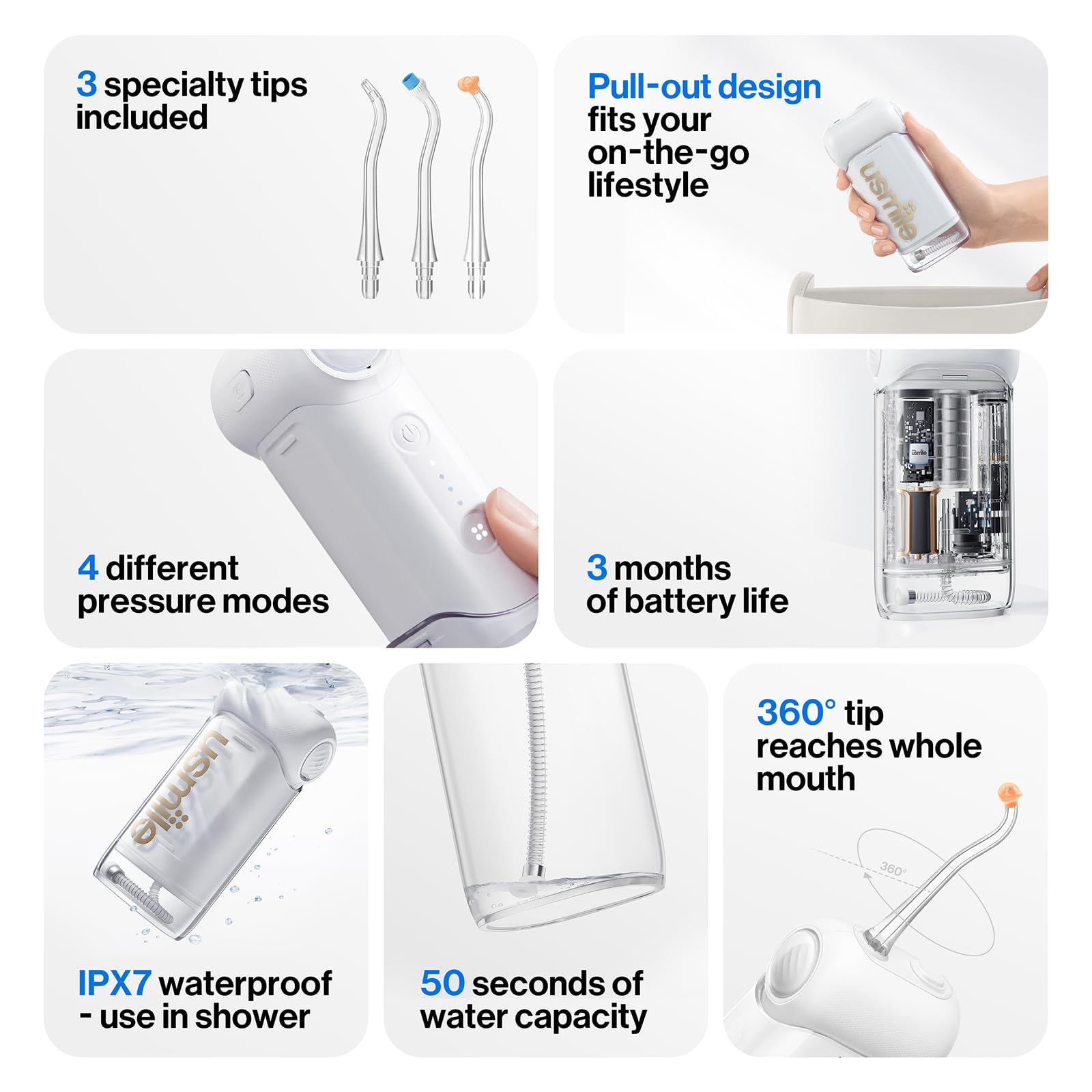 usmile C10 Portable Water Flosser – Travel-Friendly, 95-Day Battery, 4 Modes, 360° Nozzle, 180ml Tank, IPX7 Waterproof, Dentist-Recommended for Braces, Implants & Sensitive Gums (): White