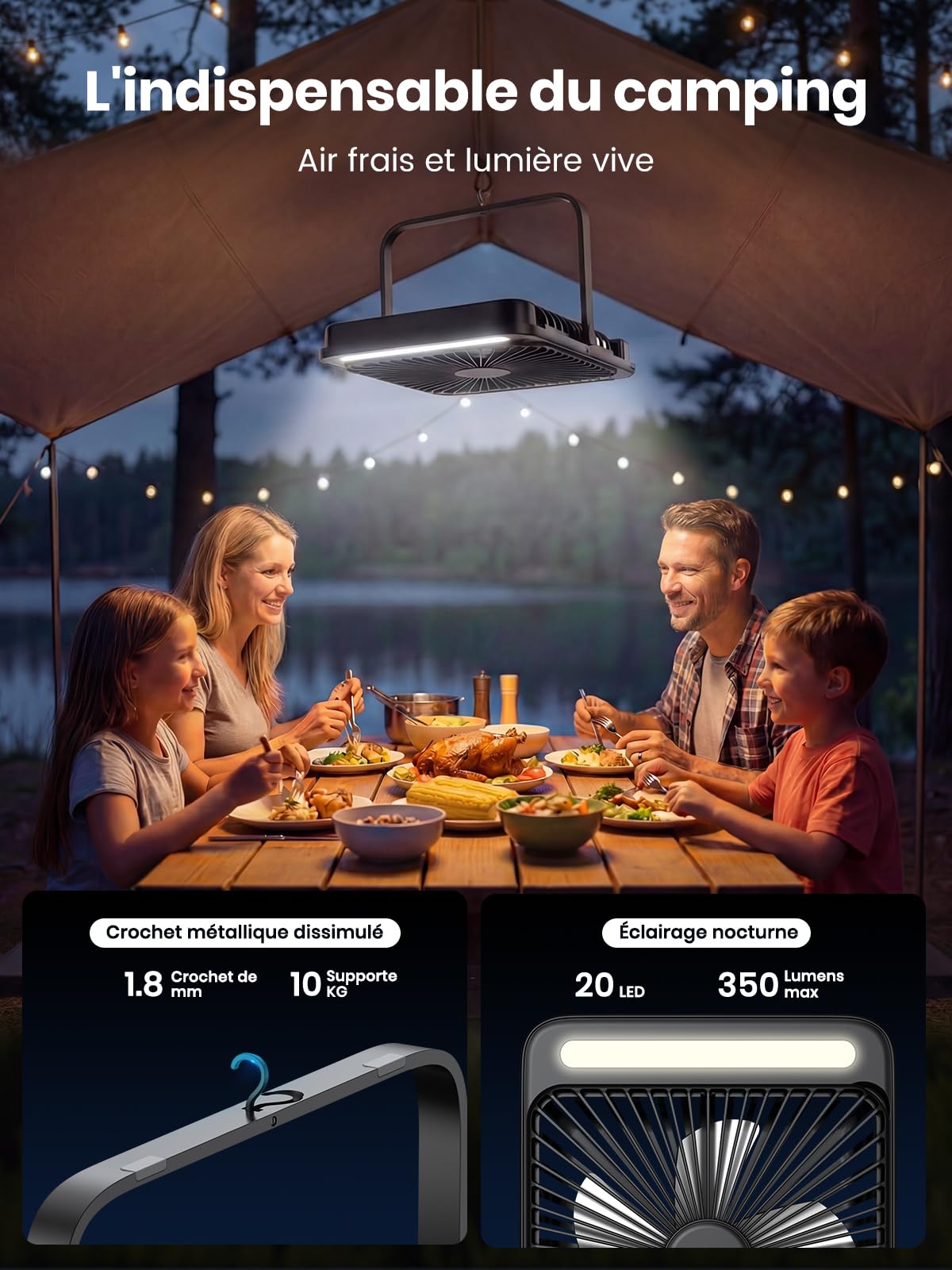Warmco D4 Ventilateur Camping Rechargeable 20000mAh, Jusqu’à 48 h | Ultra-Mince, Lumière LED, Crochets, Ventilateur Rechargeable Pour Camping, Croisière, Extérieur, Chambre