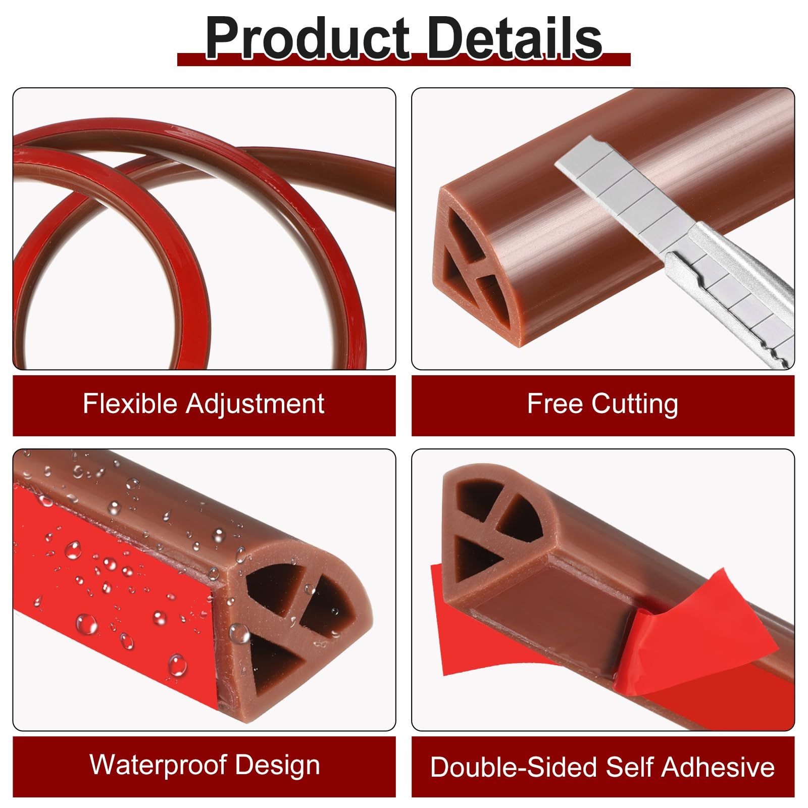 sourcing map 98 Inch Flexible Quarter Round Molding, Flexible Molding Trim, Double-Sided Silicone Peel and Stick Trim Self-Adhesive Shower Water Barrier for Floor, Corner, Tub, Brown - Image 3