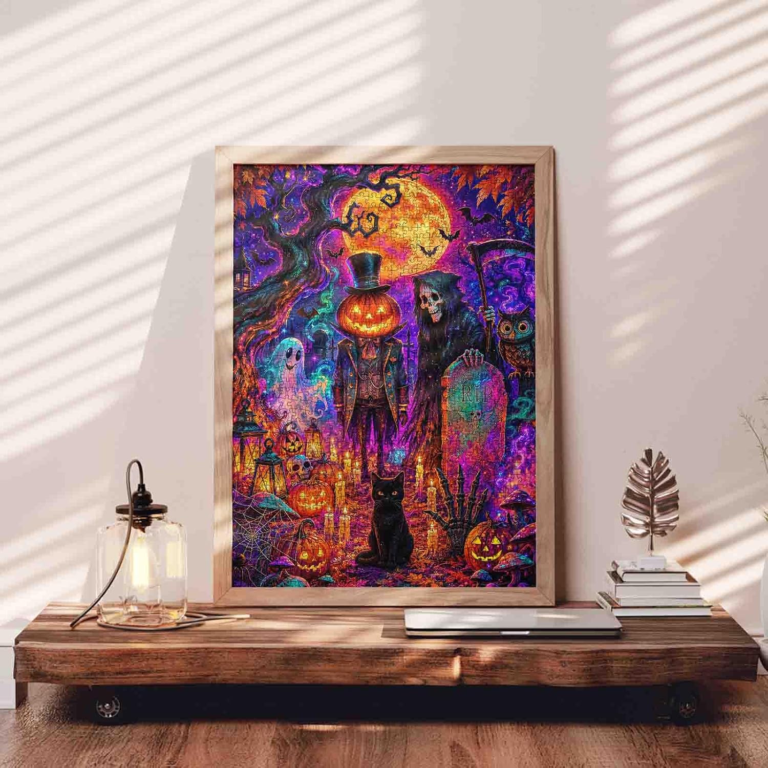 Halloween Eve/Night Jigsaw Puzzles 1000 Pieces for Adults,Families(Spooky,Haunted,Skeleton,Ghost,Owl,Black Cat,Pumpkin)Pieces Fit Together Perfectly 19.7''x27.6''inch Scary Halloween Night Puzzle Art image 3