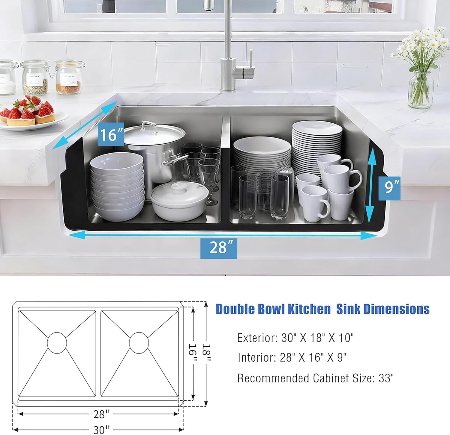 30 Inch Undermount Kitchen Sink Double Bowl, 16 Gauge T-304 Stainless Steel Workstation Sinks with Accessories, 30"x 18" x 10" Large and Deep Double Modern Sink; 50/50 Double Basin Features