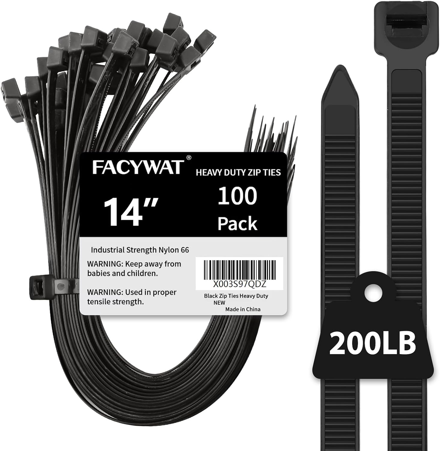 Black Zip Ties Heavy Duty Outdoor 14 inch 100 PACK, 200 LBS Tensile Strength Large Cable Tie Wraps, Extra Long Wire Ties Plastic Big Strong UV Resistant Zipties