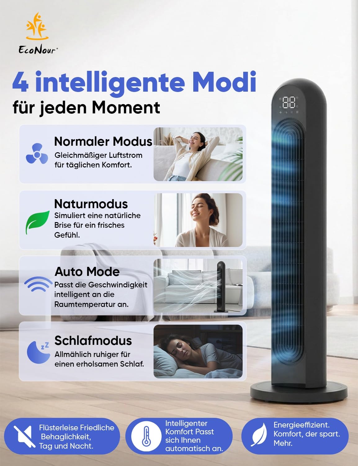 EcoNour Ventilador de torre inteligente de 42 pulgadas | Ventilador oscilante silencioso con WiFi, Alexa y mando a distancia | 12 velocidades, 4 modos, temporizador de 12 horas, pantalla LED táctil