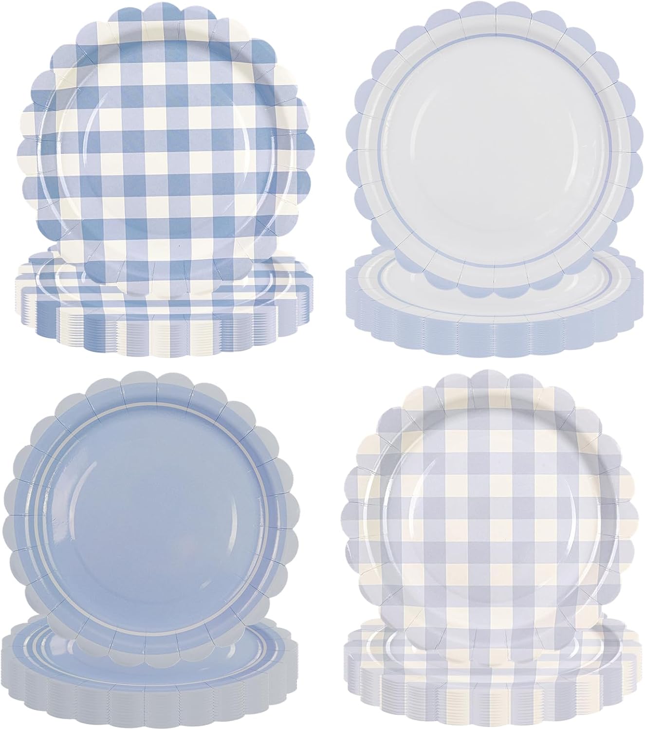 48PCS Light Blue Gingham Paper Dessert Plates - 7 Inch Disposable Scalloped Checkered Dinner Plates for Birthday Baby Shower Wedding Picnic Party Supplies, 4 Styles