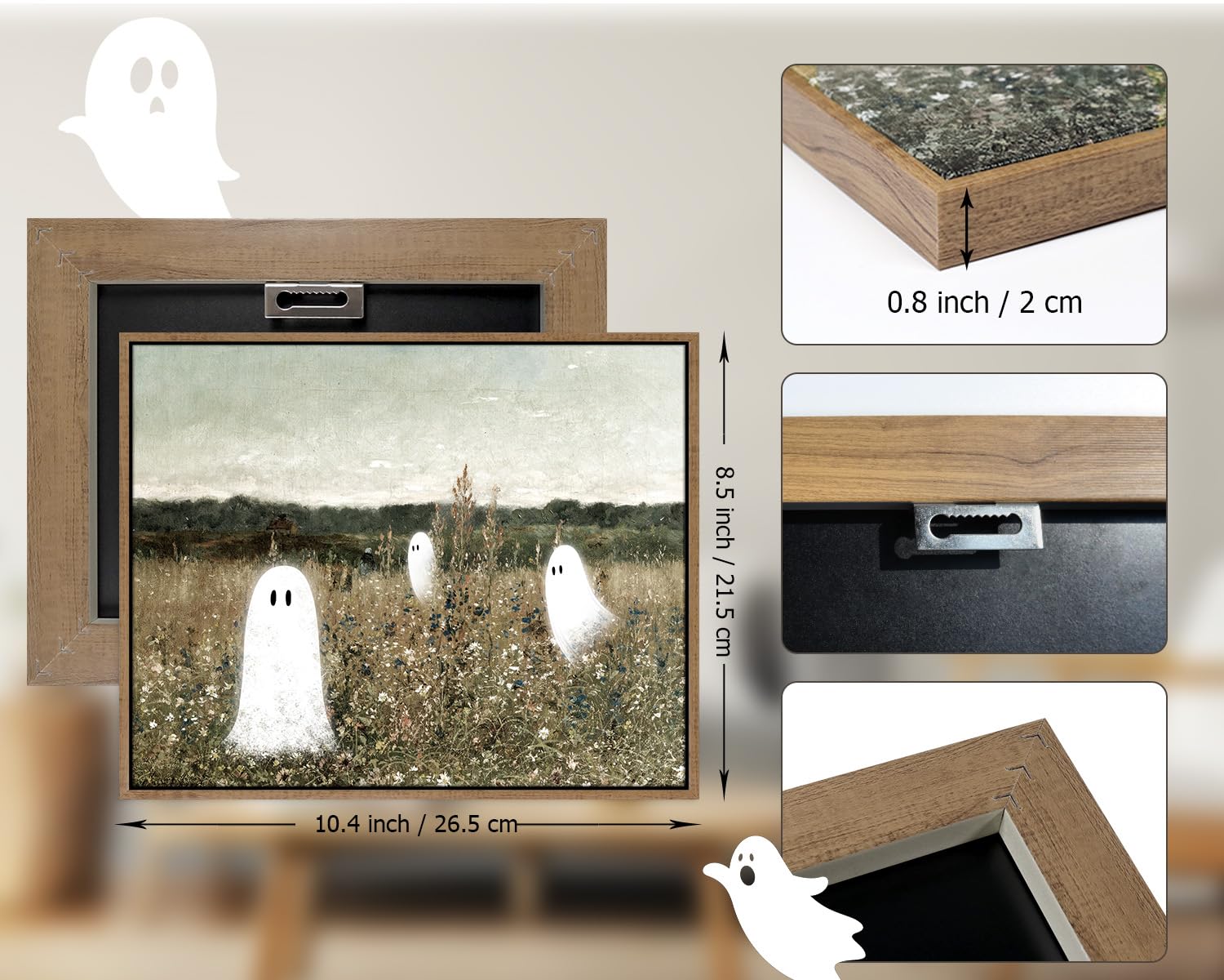 Pinetree Art Funny Wall Art for Bathroom, Cute Ghosts at Wildflower Meadow Framed Canvas Painting Prints - Vintage Spooky Wall Art for Bedroom Home Decor (8