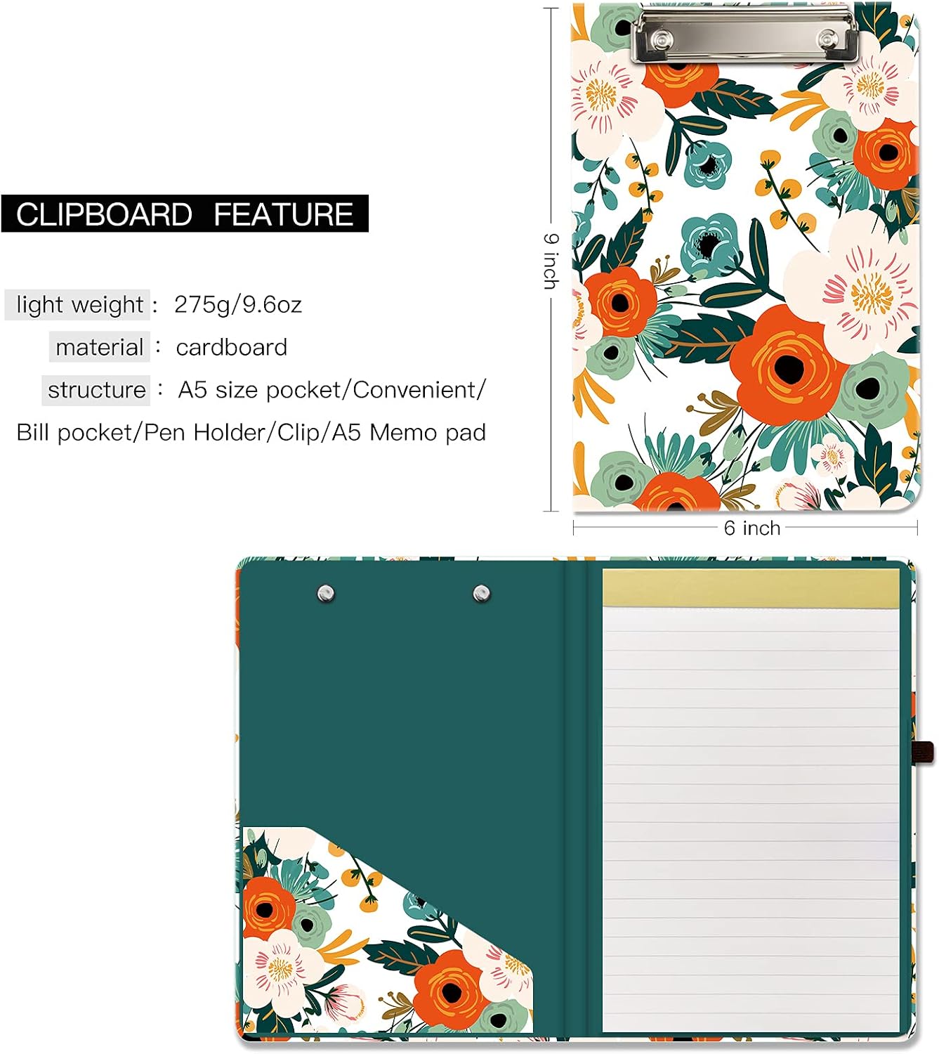 Hongri Mini Clipboard Folio with Refillable Lined Notepad and Interior Storage Pocket for Students, Classroom, Office, Women, Man, Cute Custom Pattern, Standard A5 Size 6" x 9", Classic Flower