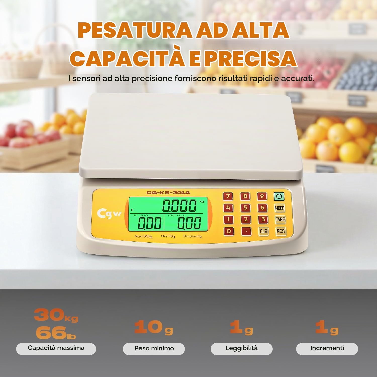 CGOLDENWALL 30kg/1g Bilancia Alimentare - KG/LB/OZ, Conteggio & Tara | Bilancia Calcolatrice con Display LCD e Doppia Alimentazione, Ampio Piatto 21,5 cm x 24 cm, per Ristorante, Pasticceria, Casa