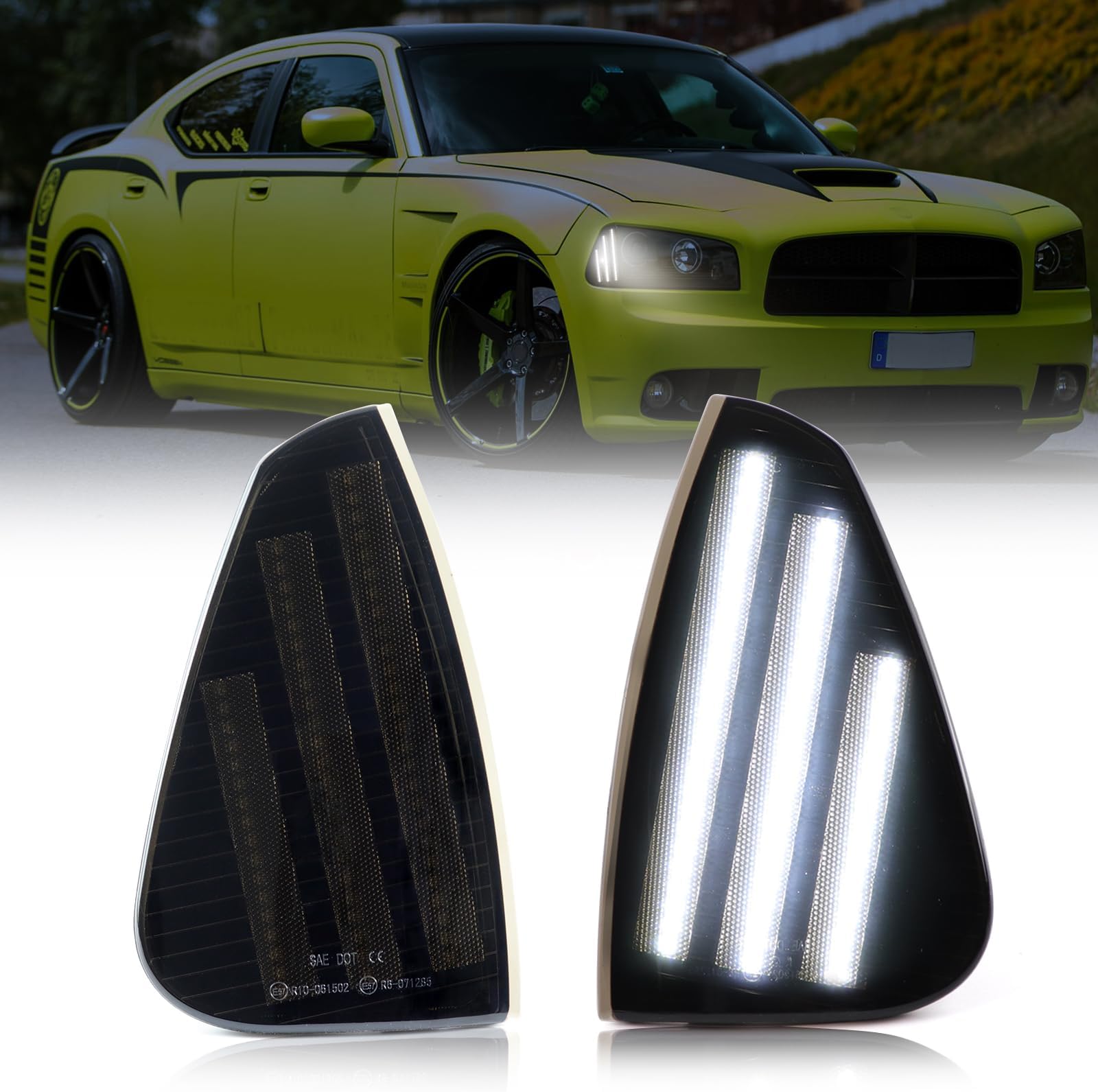 FetonAuto White Full LED Front Side Marker Lights Corner Turn Signal Lamps for Dodge Charger 2006 2007 2008 2009 2010, Smoked Lens Driver Passenger Assembly