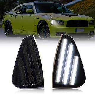 White Front Bumper LED Side Marker Lights Assembly for 2006-2010 Dodge Charger Daytona RT SE SRT8 SXT, Smoked Lens Driver Passenger Corner Signal Lamps