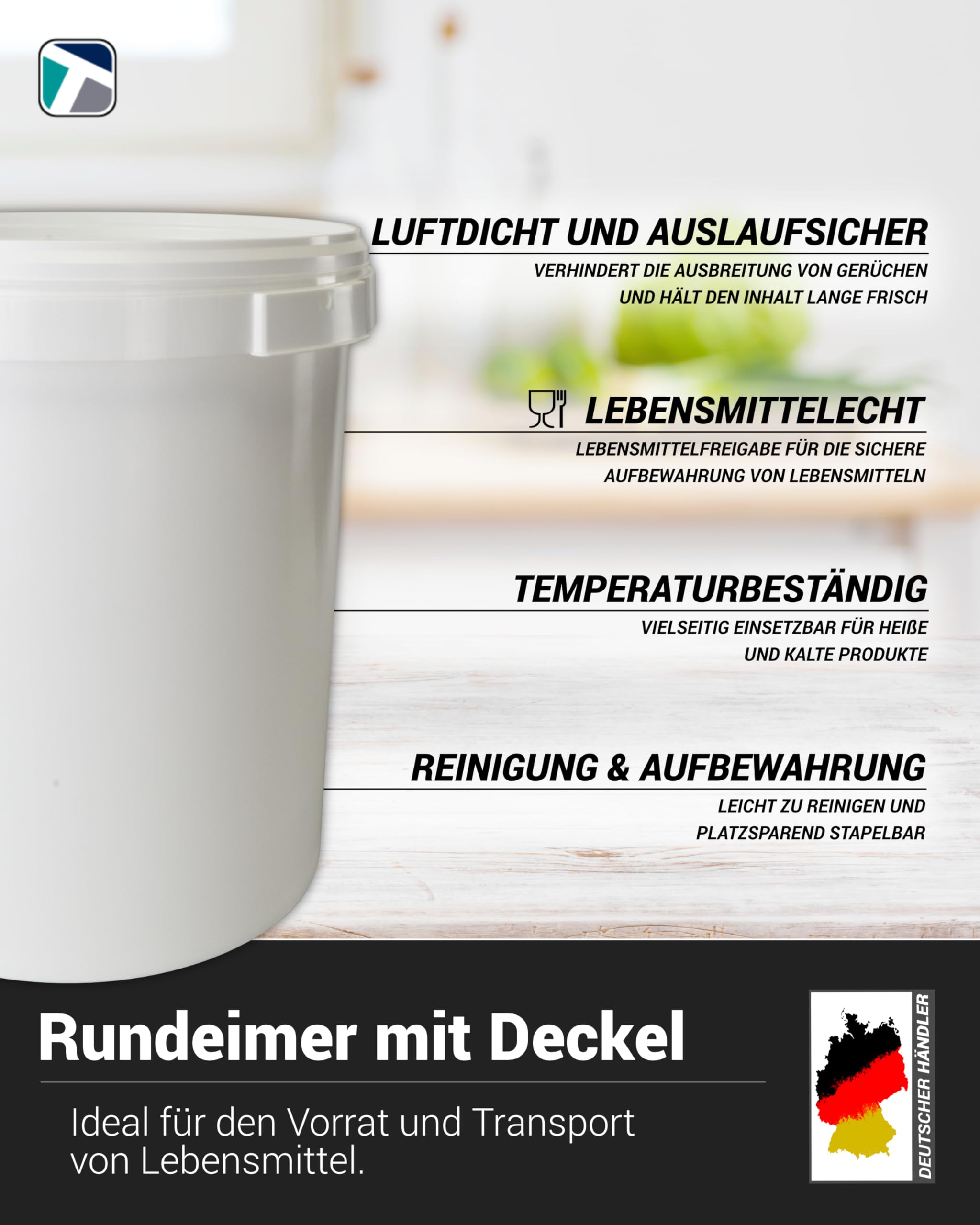 Trevendo 33 Liter Hobbock mit Deckel und Griffmulde, lebensmittelecht - luftdicht - stabil - stapelbar - Leereimer zur sicheren Lagerung inkl. Trevendo Beschriftungsetikett