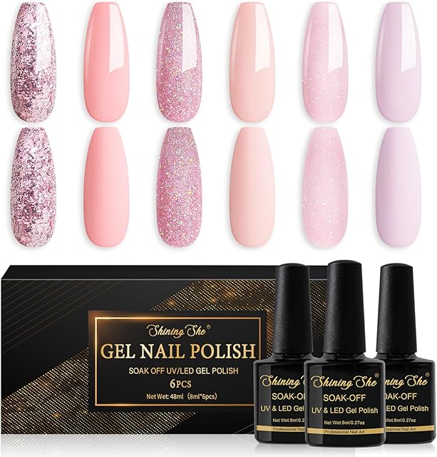 Shining She Gel Nail Polish, 6 Colors Light Pink Glitter Gel Polish Kit Soak-Off UV/LED Nail Polish Gel Gift for Nail Art Salon DIY Home, 8ML