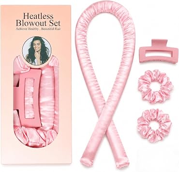 4Pcs Pink Satin Heatless Curlers Set with Claw Clip for Overnight Curls, 35.4 in x 1.18 in satin curling rod with 3.1 x 1.77 in claw clip and two 3.54 in scrunchies for overnight styling