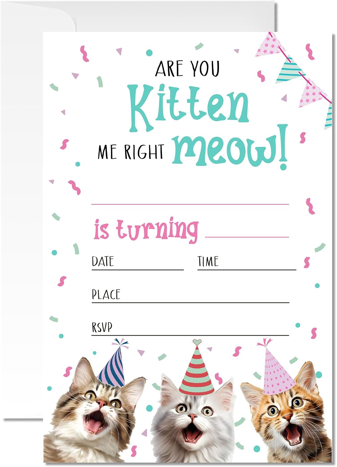 20 Cat Birthday Invitations for Girls Boys Kids Adult with Envelopes - 4x6 Inch Are You Kitten Me Right Meow Card, Cute Pet Themed Party Invites. (031)