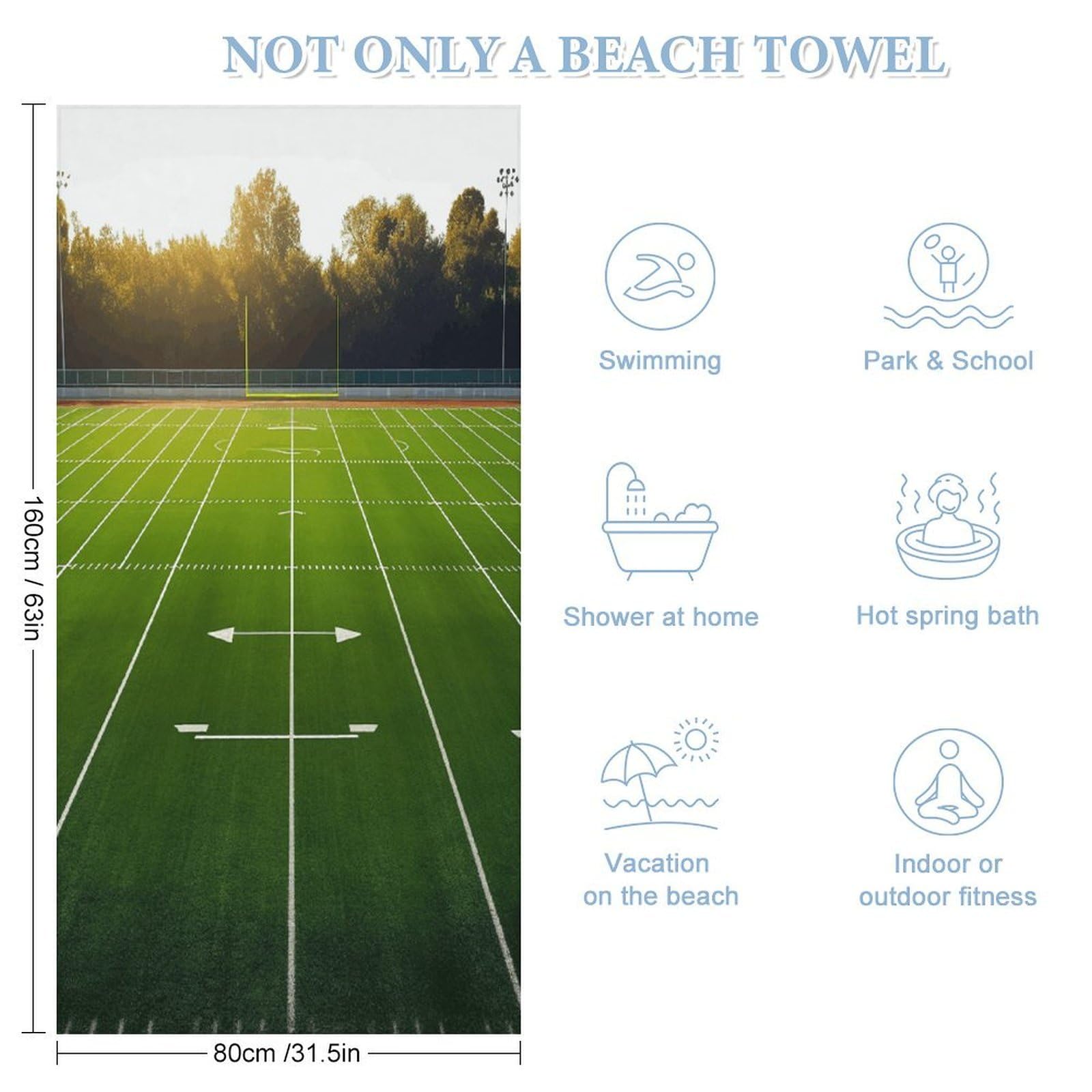 Sports Field in Green - Toallas de baño unisex, toalla de playa ligera de secado rápido, toalla de baño para viajes, deportes, piscina, natación, baño, camping, yoga, adultos, 160 x 80 cm