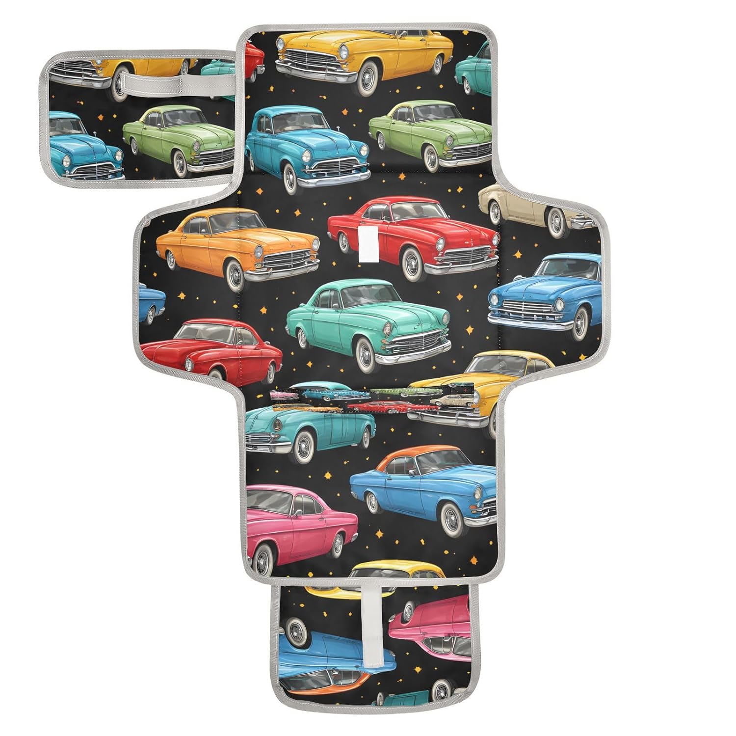 Vintage Cars Colorful Portable Diaper Changing Pad, Waterproof Baby Changing Mat with Storage Pocket & Built-in Pillow, Foldable Travel Pad, Newborn Gift Set for Boy Girl