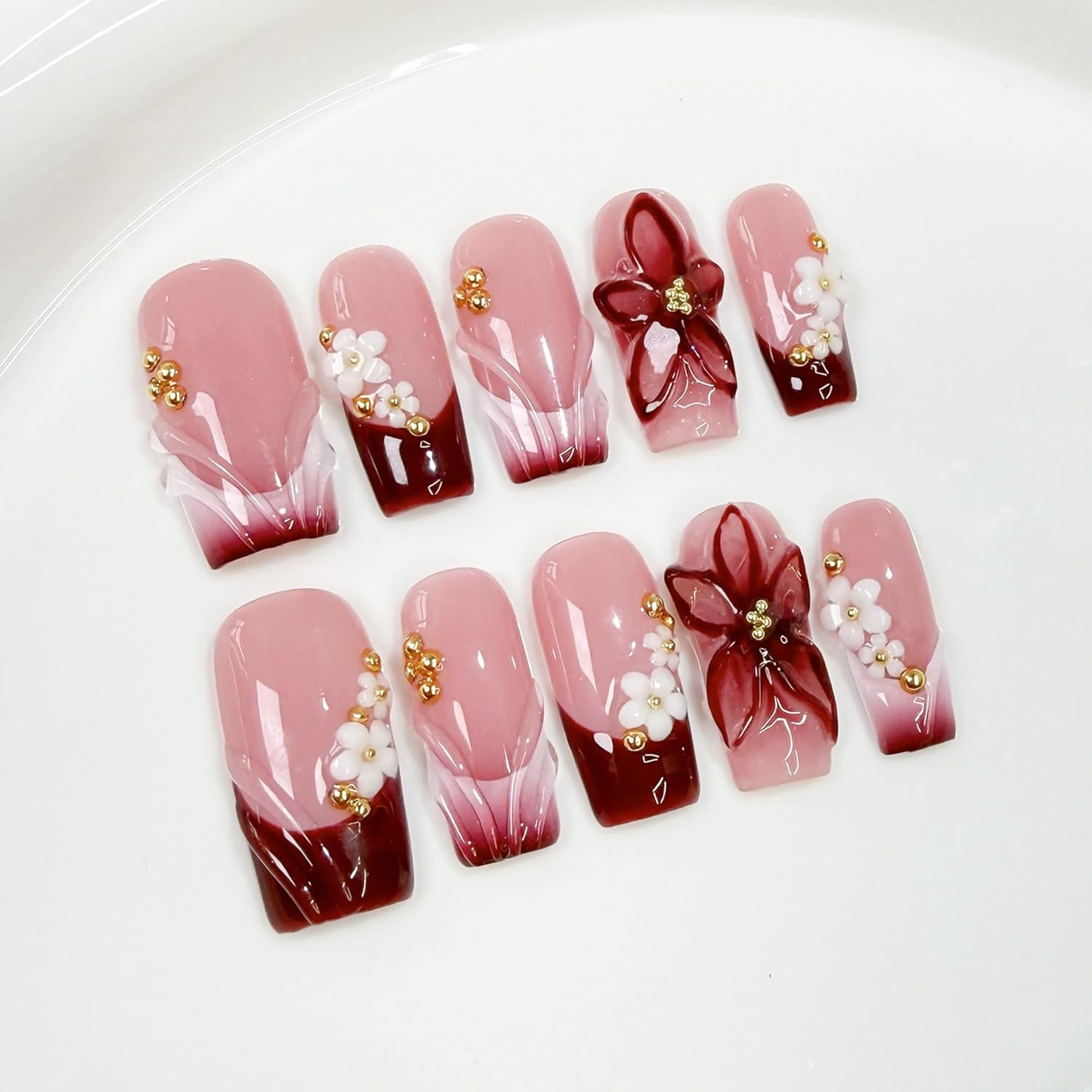 Handmade Press on Nails Red French Tip - Luxury Full Cover
