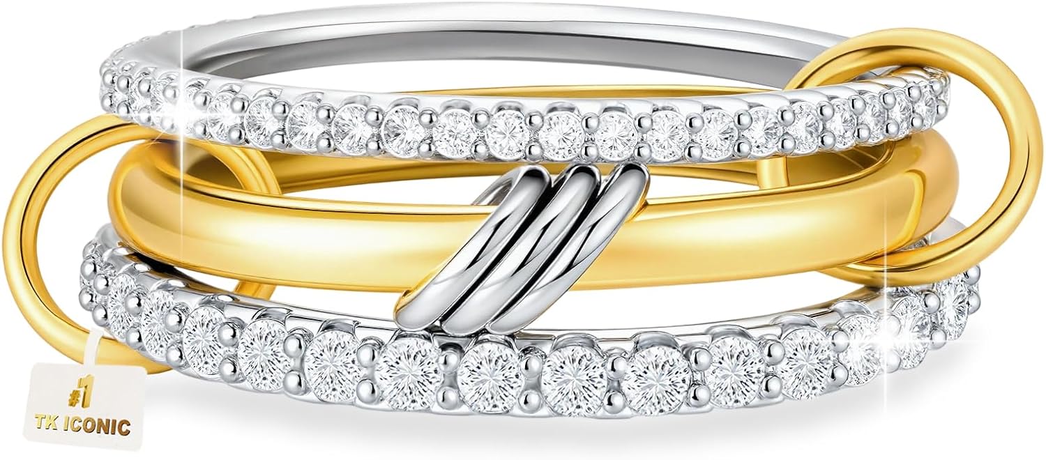 Umini 18K Gold plated Stackable Rings For Women Silver And Gold Stackable Ring Set Cubic Zircon Mixed Metal Rings For Engagement Wedding Birthday Valentine's Day Mother's Day Gift