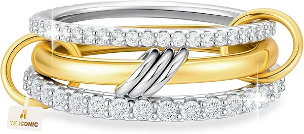 Umini 18K Gold plated Stackable Rings For Women Silver And Gold Stackable Ring Set Cubic Zircon Mixed Metal Rings For Engagement Wedding Birthday Valentine's Day Mother's Day Gift