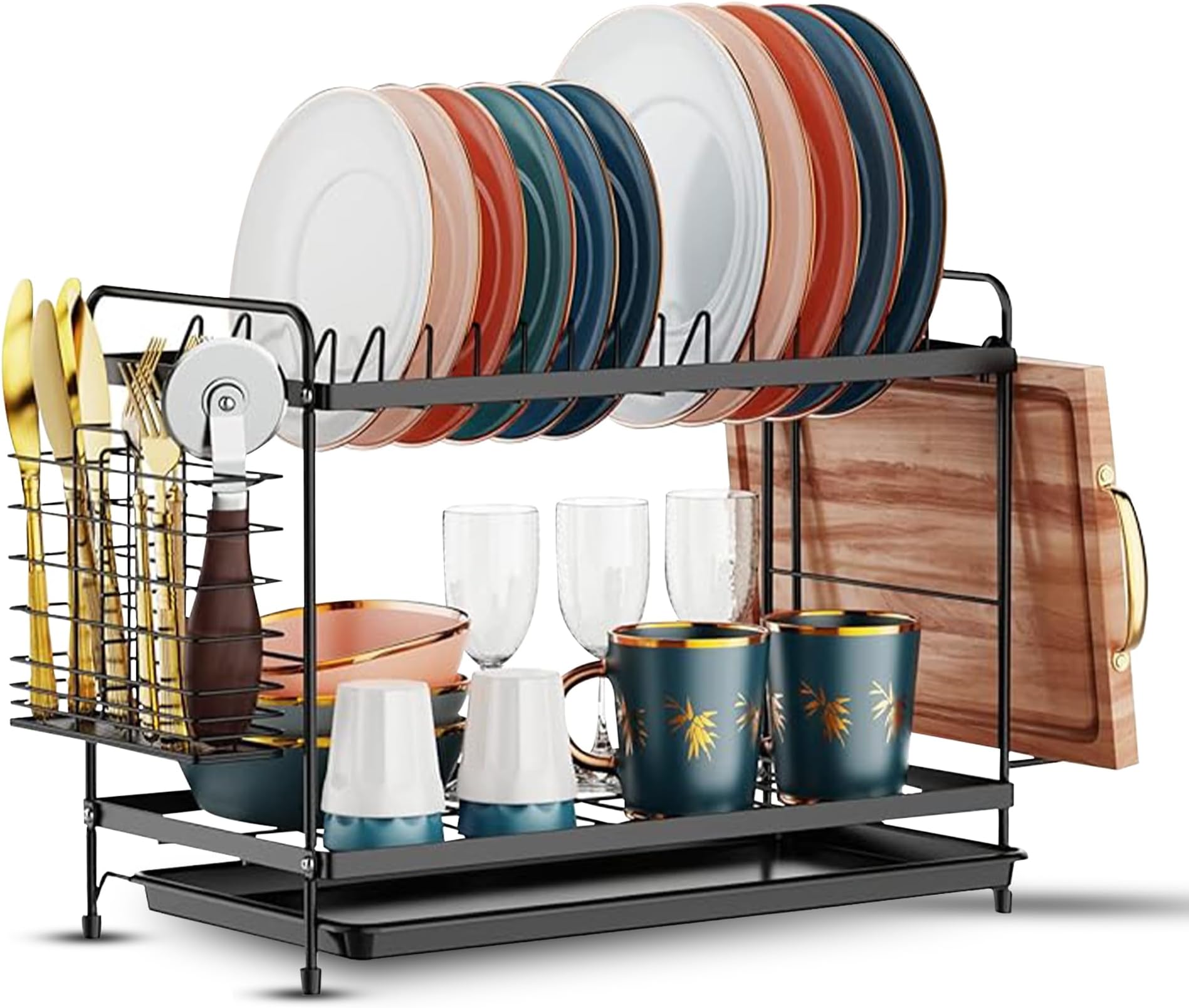 Dish Rack Dish Drying Stand with Cutlery Holder Rustproof Kitchen Sink Organizer Countertop Kitchen Organizer & Utensils Holder with Drip Tray Knife Holder (2-Tier BLACK)
