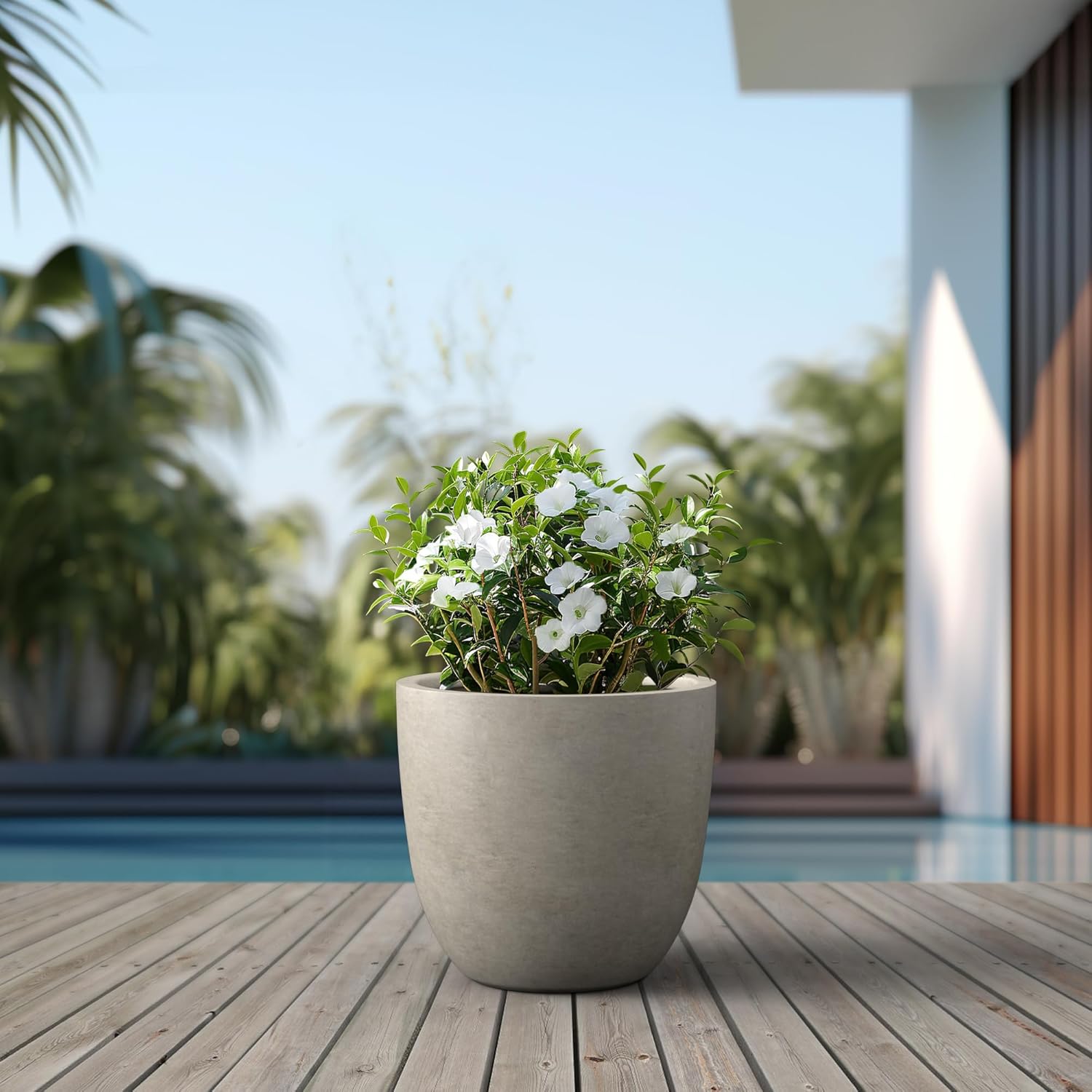Kante 18 Inch Diameter Round Concrete Planter, Indoor Outdoor Large Plant Pot with Drainage Hole and Rubber Plug for Home Patio Garden, Buff Concrete