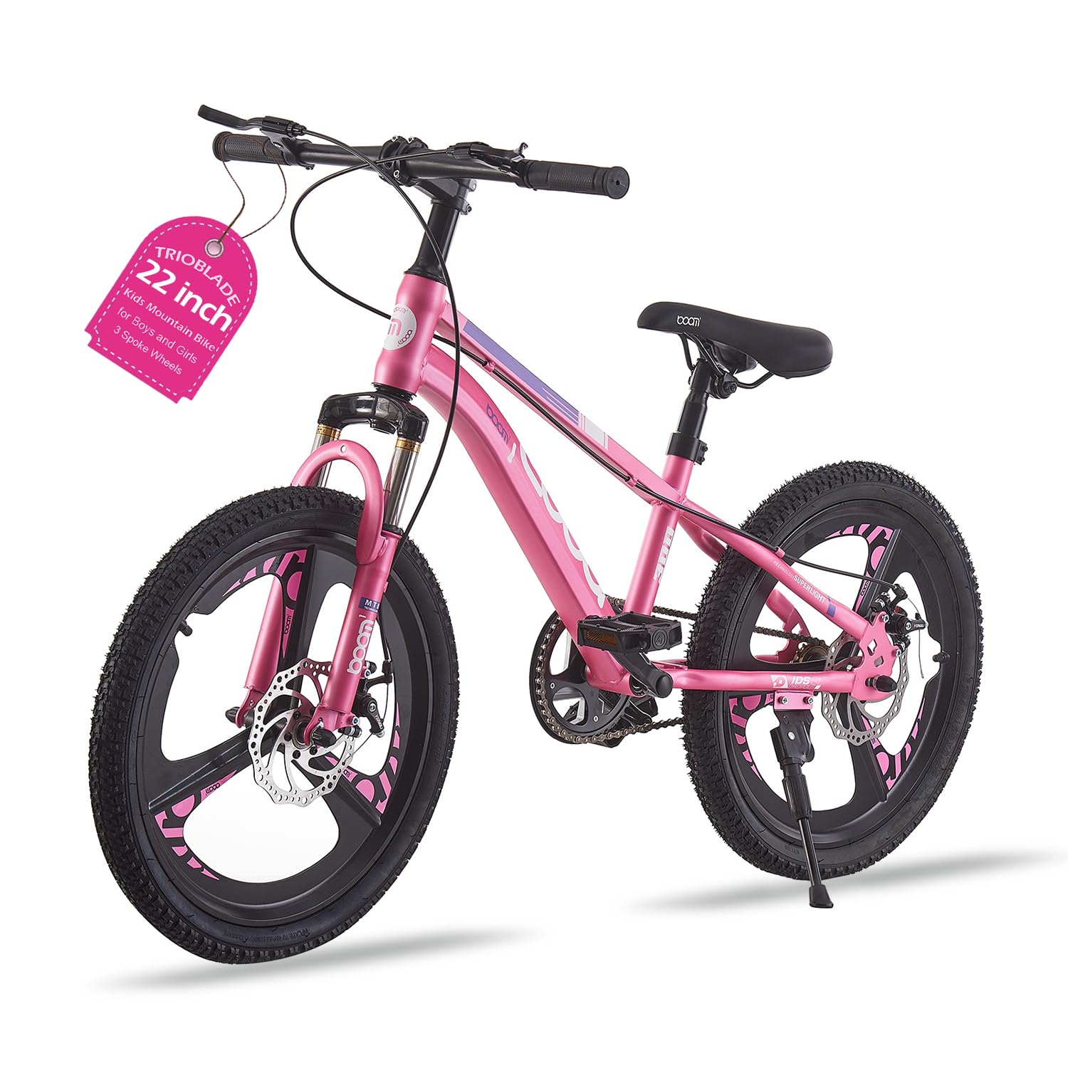 TRIOBLADE Kids Bike 18/20/22/24inch Kids Mountain Bike for Boys and Girls 6-15 Years Old Junior Mountain Bikes 3 Spoke Wheels Children Bicycle with Shock Absorber Dual Disc Brake(Pink, 22inch)