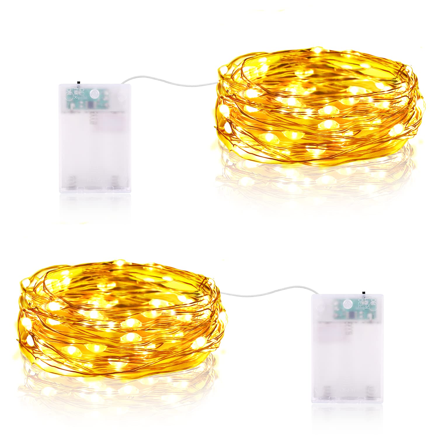 Guirnalda Luces LED, 2M 20LEDs Guirnalda Luces Pilas con Temporizador Mini Alambre de Cobre Cadena de Luces IP65 para Decoración Interior Exterior Bodas Fiesta Navidad (2 Piezas, Blanco Cálido)