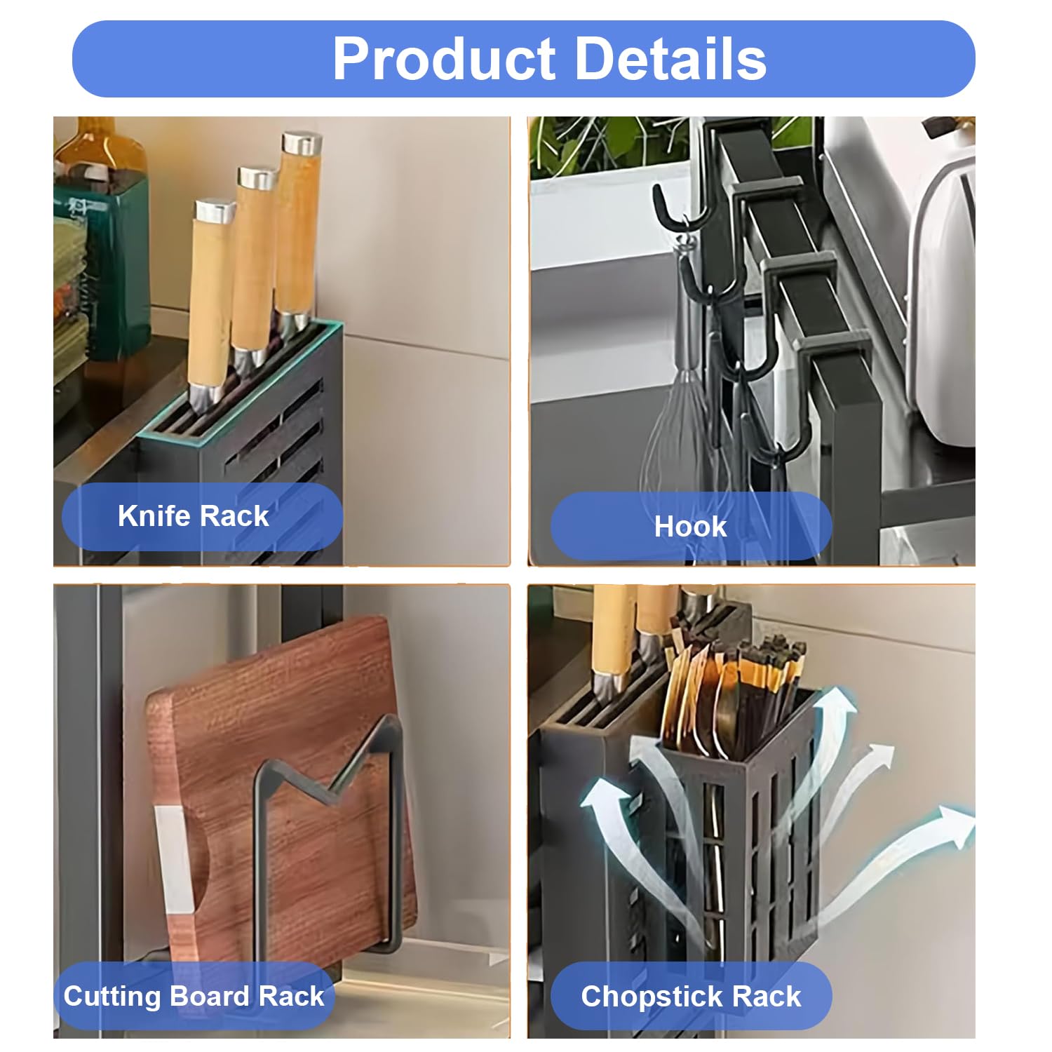 Étagère à Micro-Ondes Extensible à 2 Niveaux, Charge 30kg | Acier au Carbone, Extensible 40 à 64 cm, Porte-Baguettes et Porte-Planche à Découper, Adapté Cuisine, Bureau, Garage