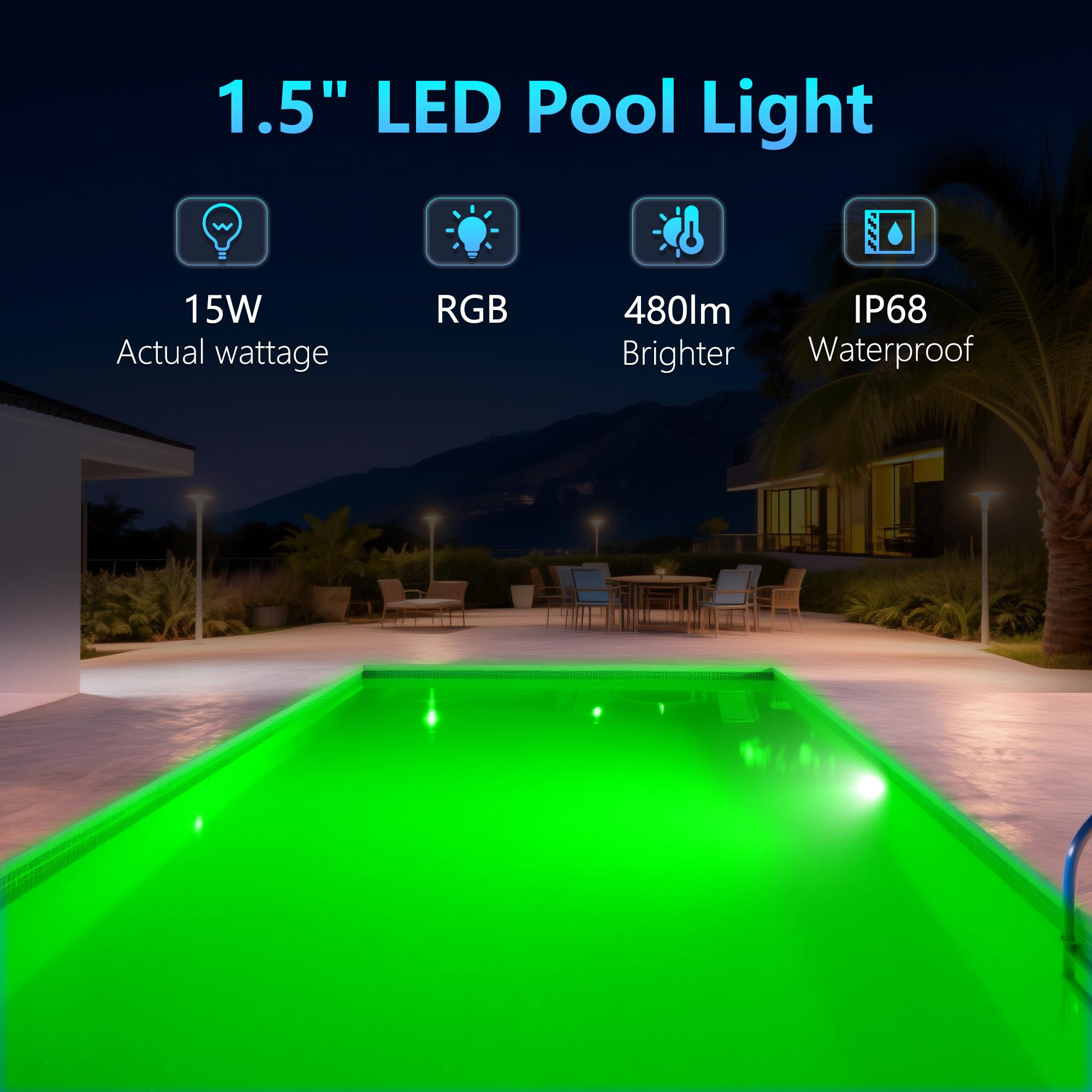LED Poolbeleuchtung 15W RGB Mehrfarbig Poolscheinwerfer mit Fernbedienung 1,5" Außengewinde Ø190mm 12V AC 2 Stück