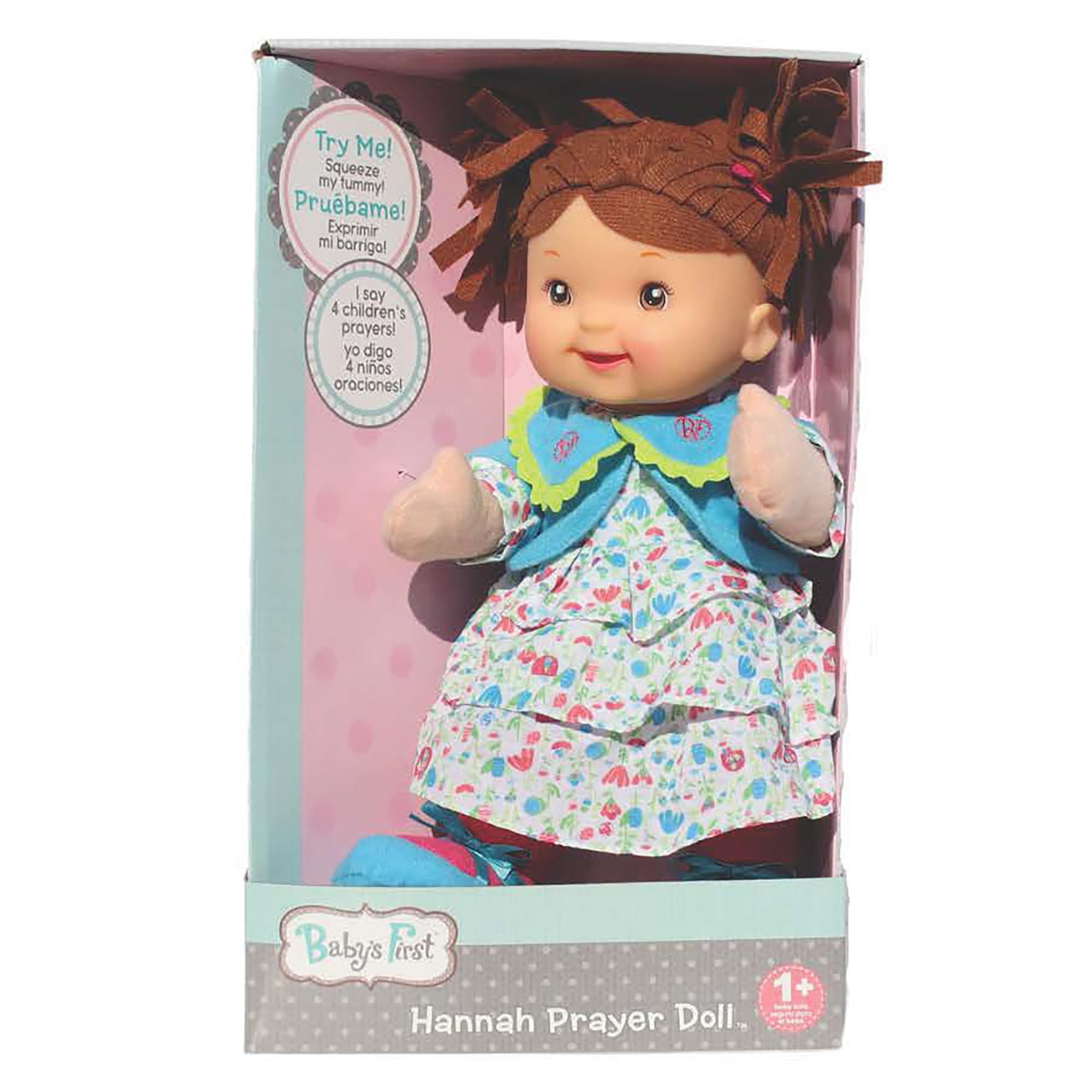 Baby's FirstGoldberger 14" Soft Body Hannah Prayer Doll Brunette - Recites 1 of 4 Beloved Children's Prayers in Spanish. A Soft Body Baby with Pretty Sunday School Dress for Children 1 Year & Up.