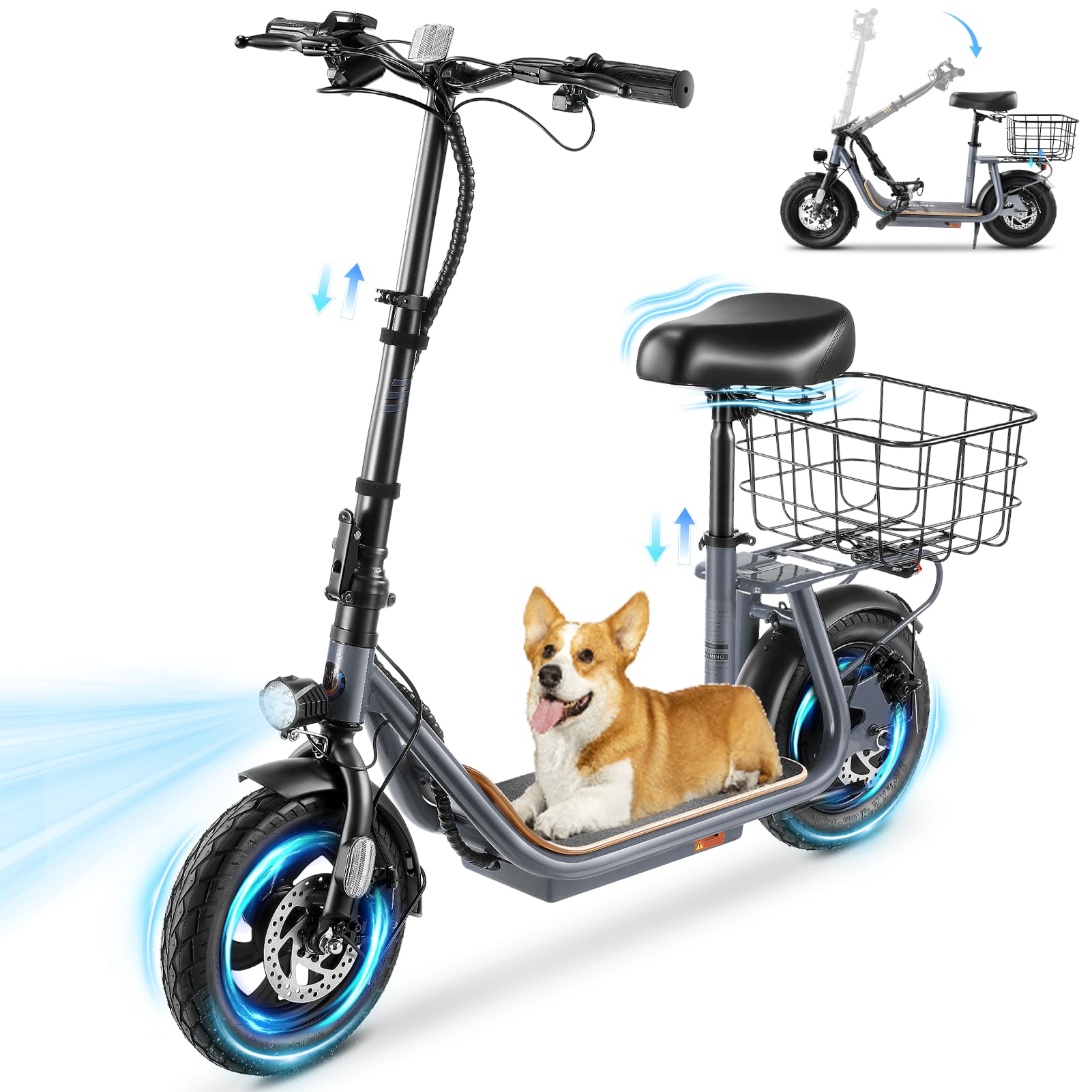 Caroma Peak 1200W/800W Electric Scooter with Seat, 30 Miles Max Range Electric Scooter Adults&Teens, 20MPH Top Speed Foldable Ebike, Adjustable E-Bike with Basket&Kid Seat, Commuter Escooter