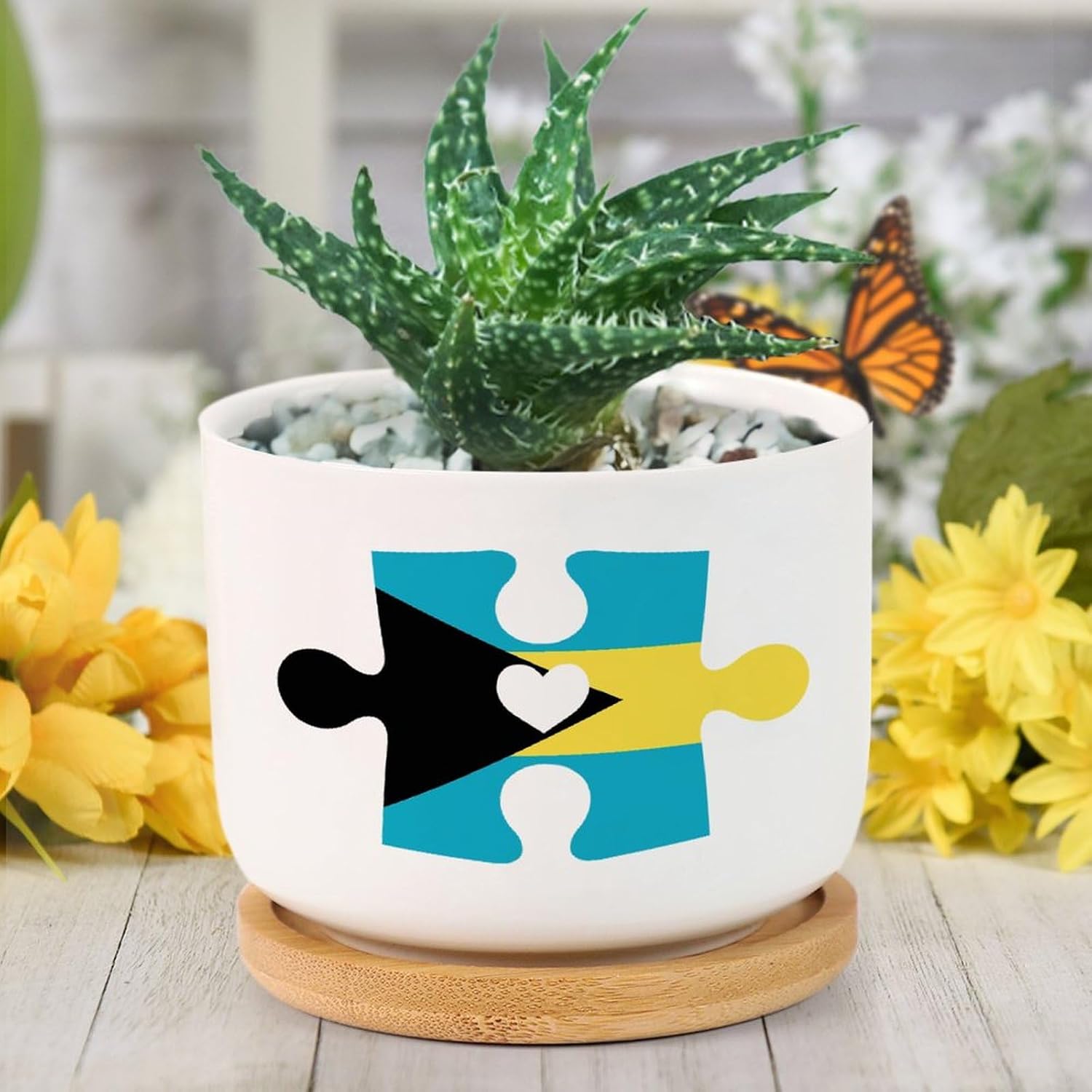 Bahamas Flag Puzzle with Heart Ceramic Planters Memorial National Day Snake Plant Live Indoor with Pot with Drainage Holes and Saucers Pot for Indoor Outdoor Garden