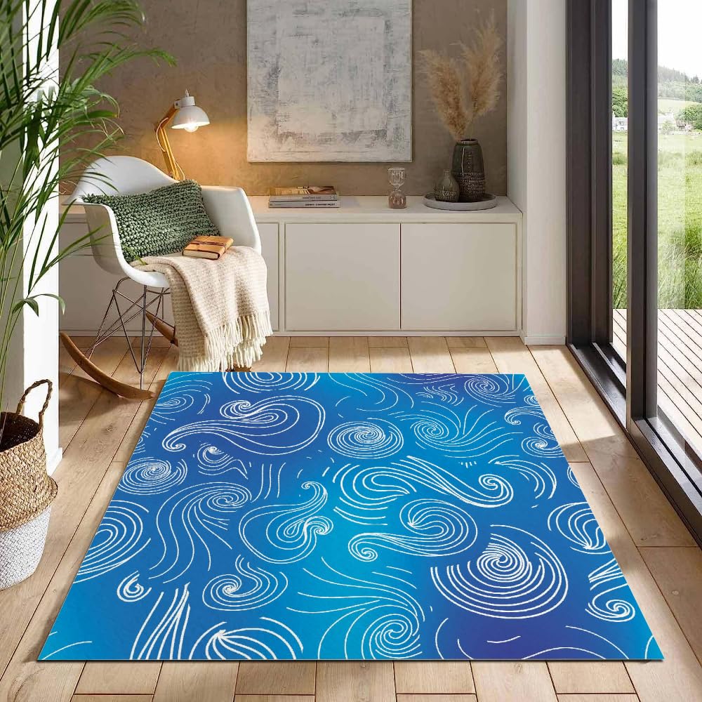 Tapis de Salon 100x150cm Vagues De Kanagawa Velours Cristal Doux Tapis Japon 3D Motif Tapis Chambre d'enfants Canapé Tapis avec Dos en Caoutchouc Antidérapant Carpettes