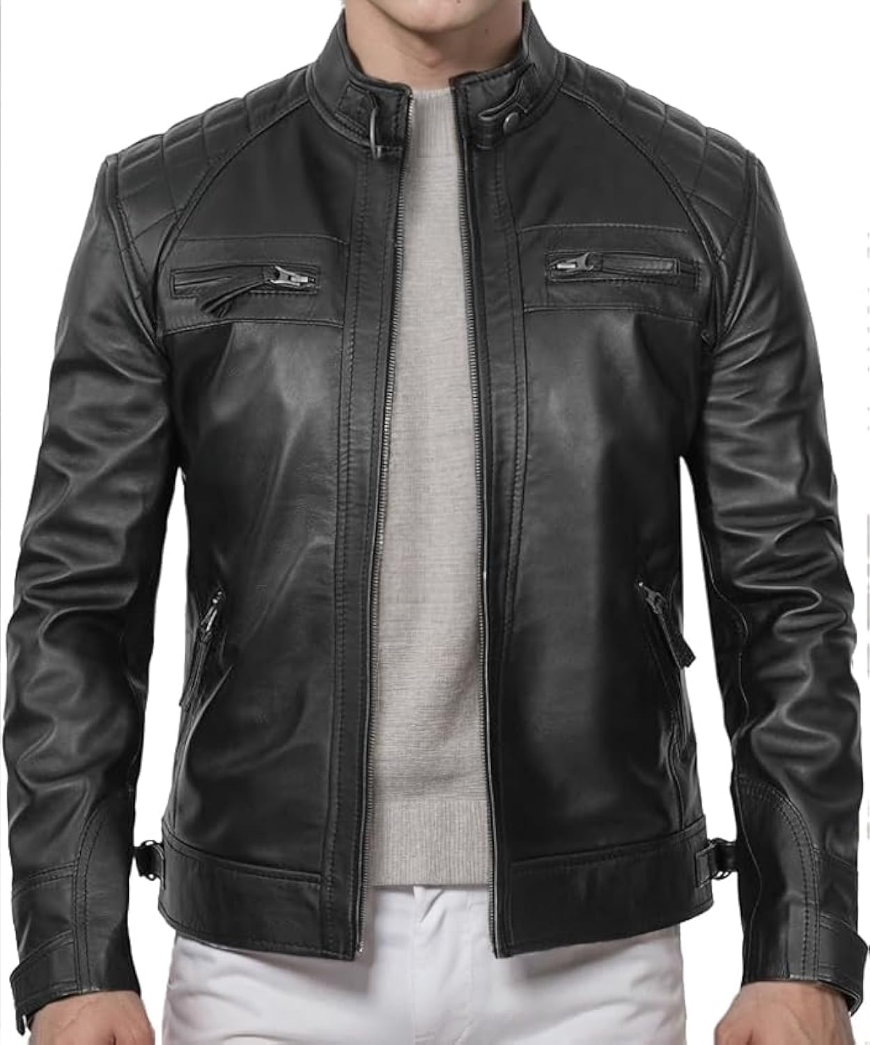 - Men's Black Genuine Lambskin Leather Biker Jacket VINTAGE REAL MOTORCYCLE JACKETS FOR MEN