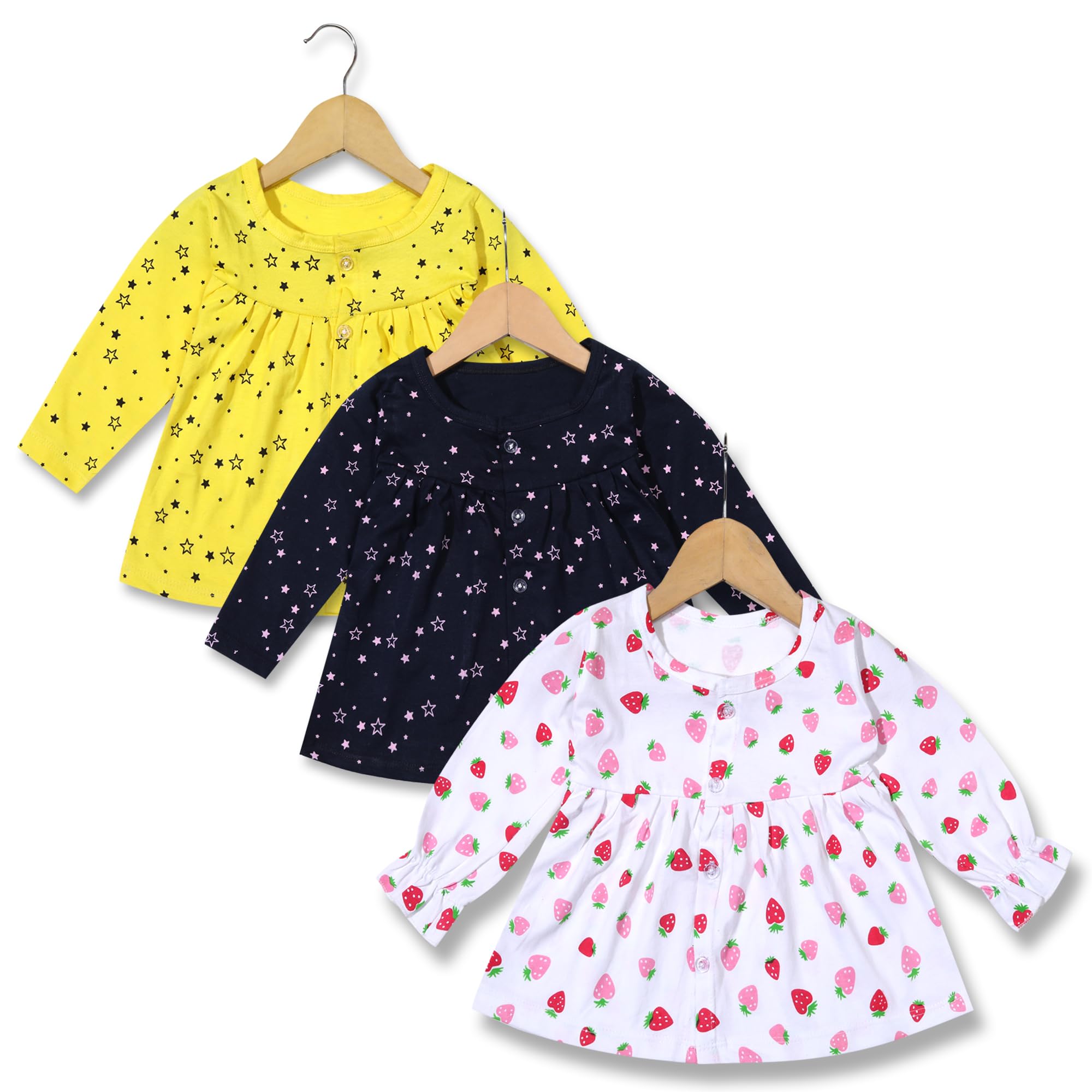 KIDEEZGUILD... Baby girls Knee-Length Fit And Flare Frock (SFFP3001_BLUESTARSTRAWBERRYYSTAR_3 Months-6 Months) 1