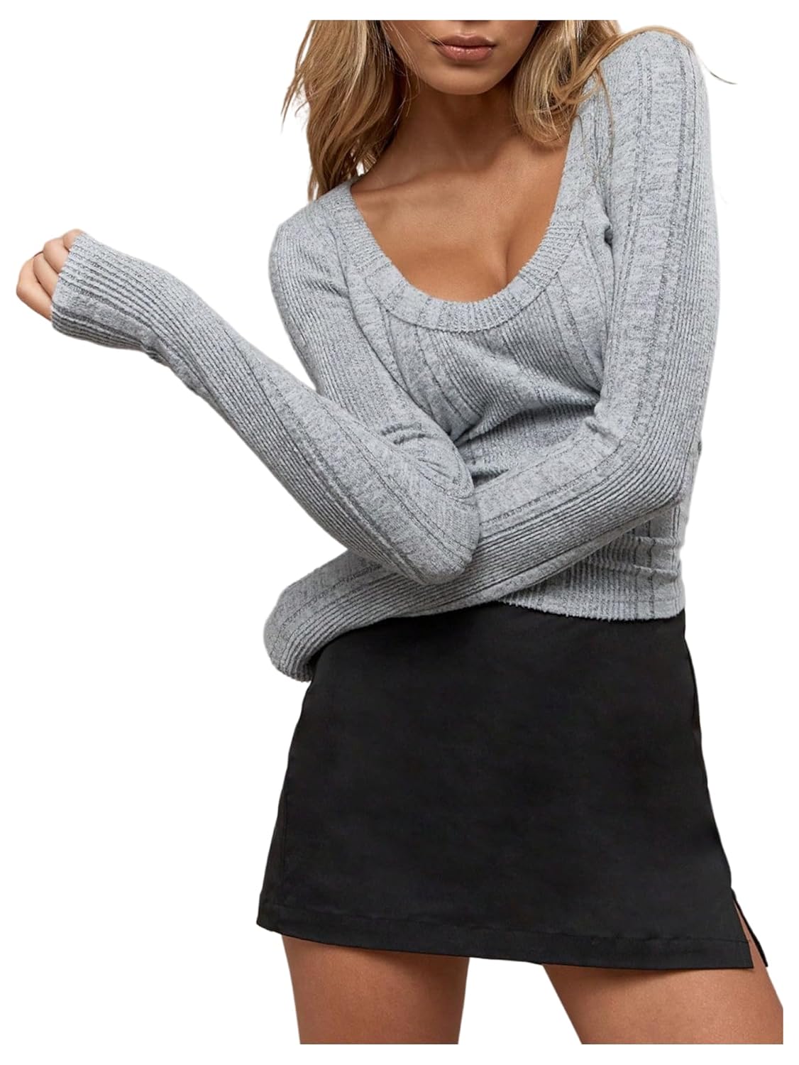 SHENHE Womens Solid Color Scoop Neck Long Sleeve Slim Fit Ribbed Knit Sweater
