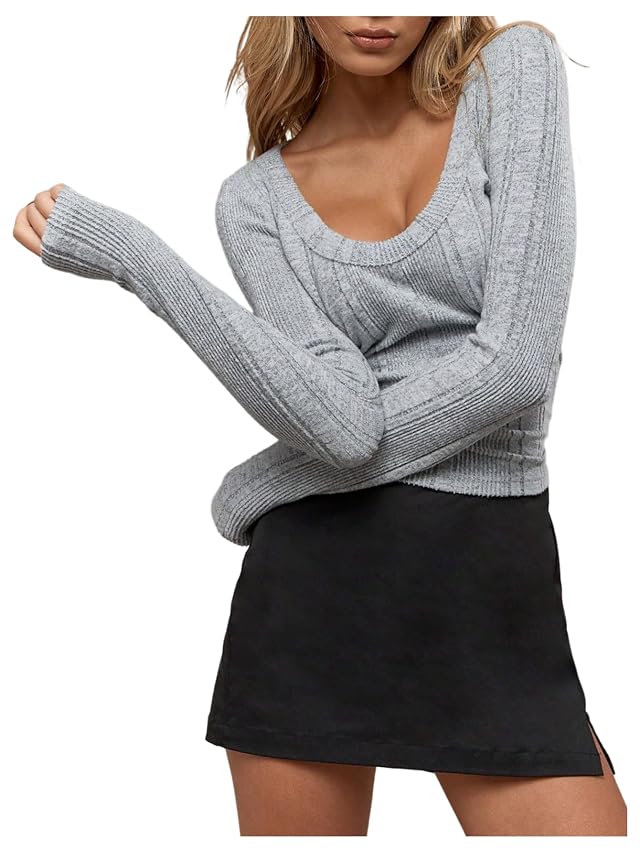 SHENHE Womens Solid Color Scoop Neck Long Sleeve Slim Fit Ribbed Knit Sweater