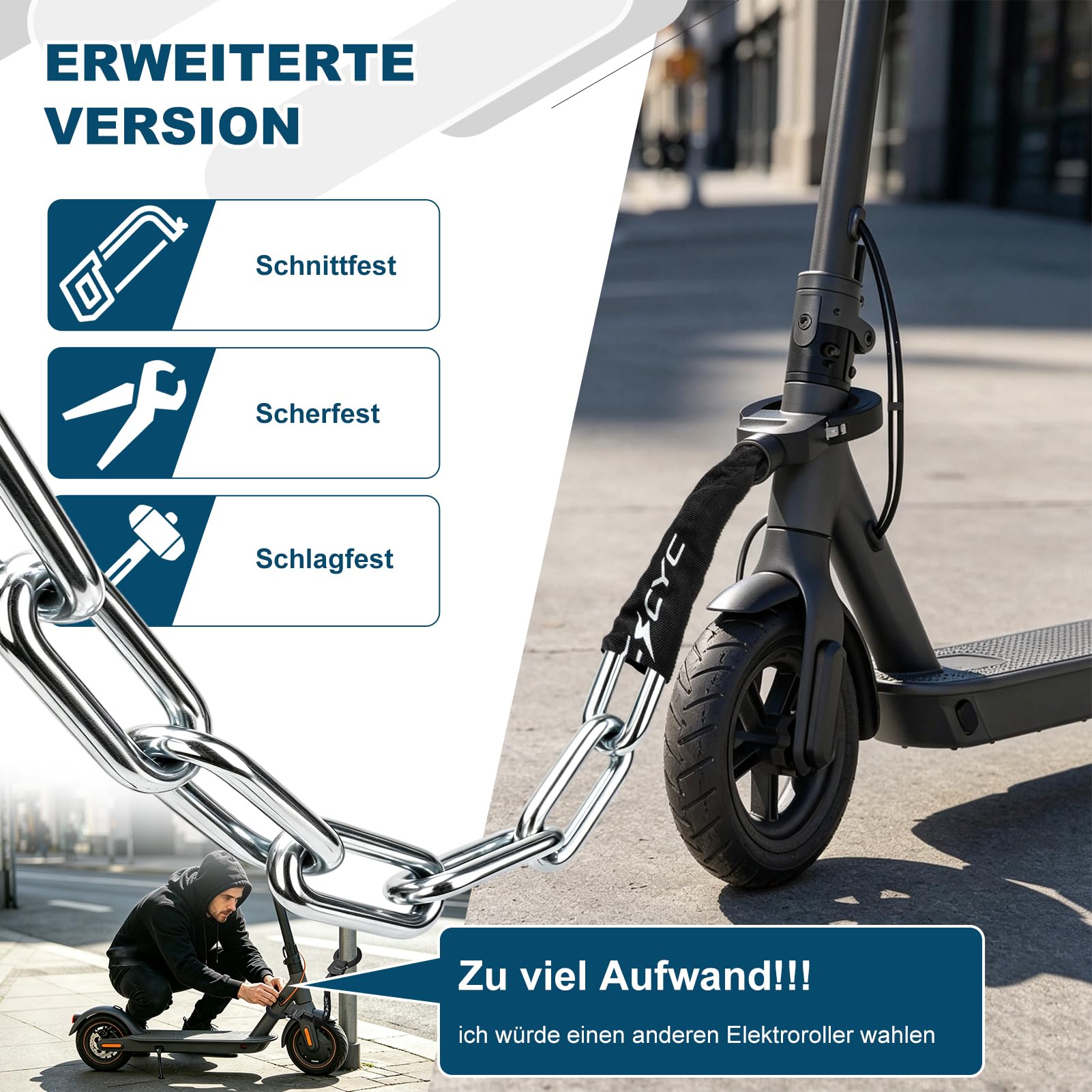 TECHCYC E-Scooter Schloss 8mm | Handschellenschloss 3 Stufen Verstellbare | Gehärteter Stahl | gegen Bolzenschneider | mit 2 Schlüsseln | für E-Scooter, Fahrrad & E-Bike