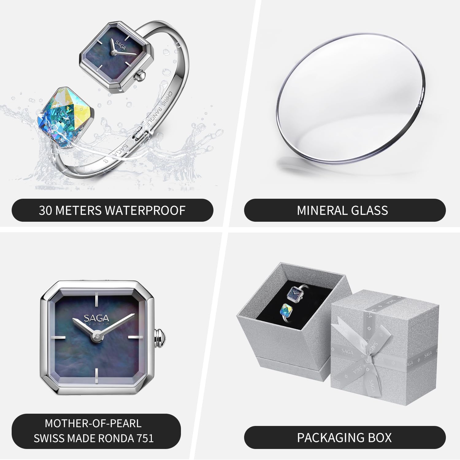 SAGA Light of Vendome Women's Luxury Cuff Bangle Quartz Watch, 20MM Square Case, Swiss Ronda Quartz Movement, 30M Water Resistant, 316L Stainless Steel Bracelet with Danube Crystals - Image 3