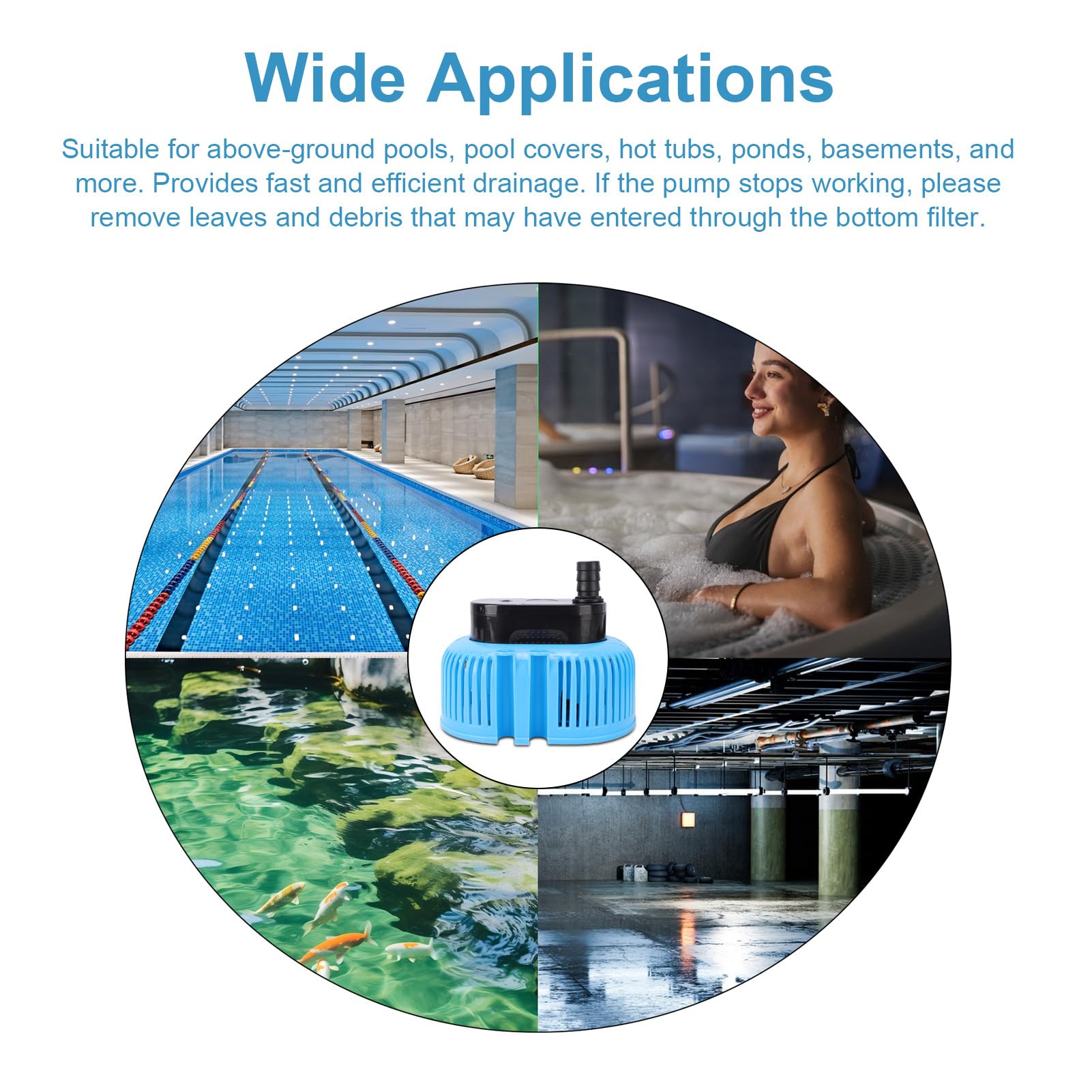 Luocute Bomba de Cubierta para Piscina, Bomba de Agua Sumergible Automática de 850 GPH con Manguera de Drenaje de 16 Pies y 3 Adaptadores, para Piscinas sobre el Suelo, Sótanos (Enchufe europeo