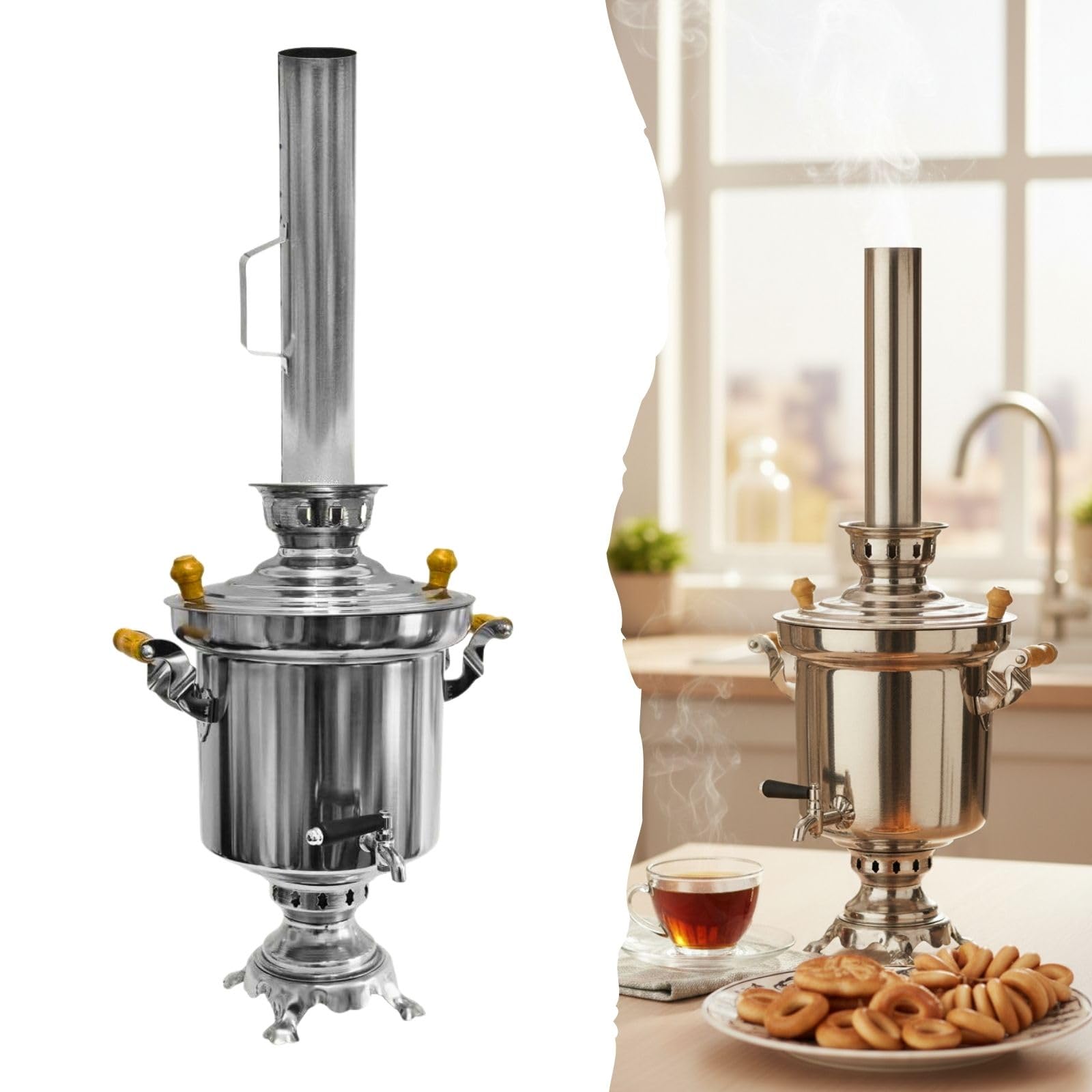 Samowar 5 L aus Edelstahl mit Schornstein Holzkohle Русский самовар на дровах Charcoal Tea Maker with Chimney Rohr Russischer Samovar