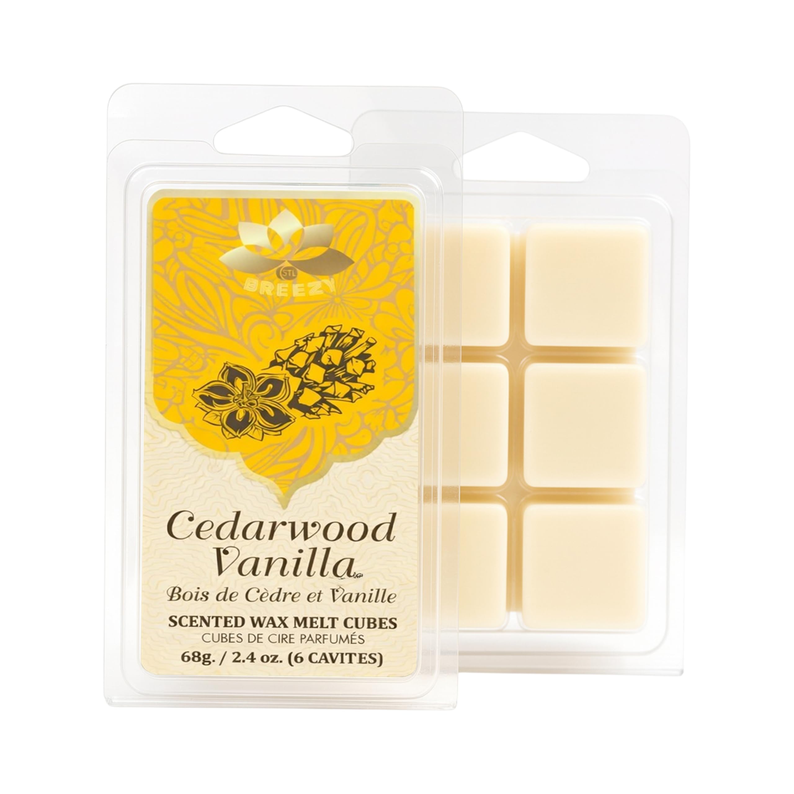 STL Breezy Wax Melts - Cedarwood Vanilla Scented Wax Melts, 6 X Snap Bars, Soy Wax Warmer Cubes, Long Lasting Candle Melts for Wax Burners, Wax Melts Gift Set - 68 gram/2.4 oz (6 Cavities)