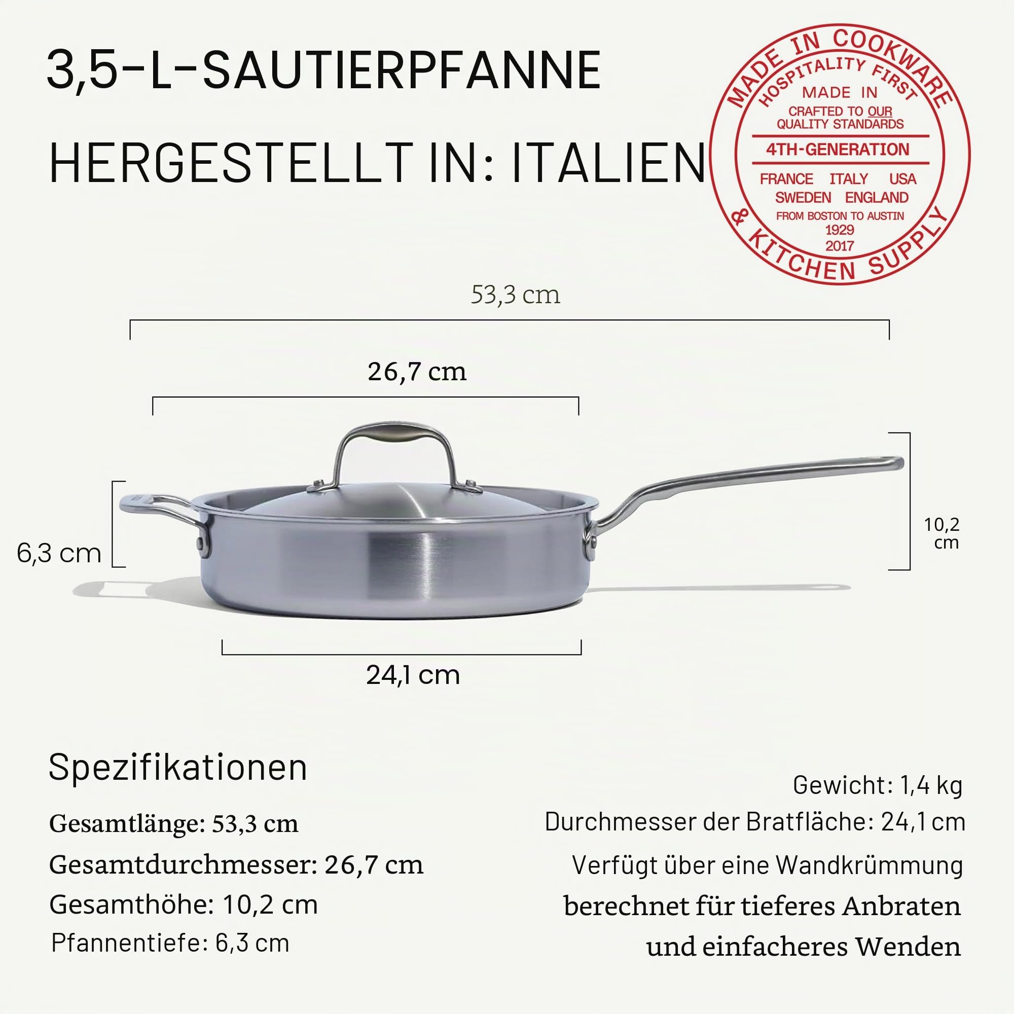Made In Cookware – 3,1 l Sautépfanne aus Edelstahl – 5-lagige Edelstahlbeschichtung – Professionelles Kochgeschirr – Induktionskompatibel – Hergestellt in Italien