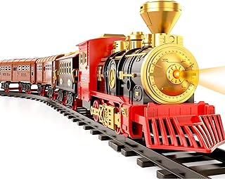 TEMI Train Set for Kids Toddlers 3-5, Train with Steam Engine, Cargo Car and Long Track, Rechargeable Battery Play Red Train Toys with Smoke, Light & Sounds, Gift for Boys & Girls 4-7 Years