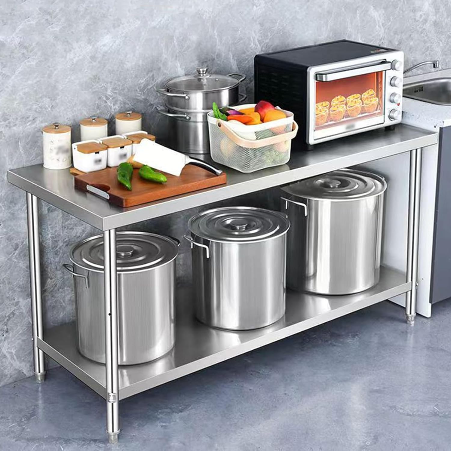 Kitchen Work Table Thickened Stainless Steel Commercial Prep Table, estaurant Chopping Countertop Multi-functional Double-decker Table Large Storage(80x50x80cm)