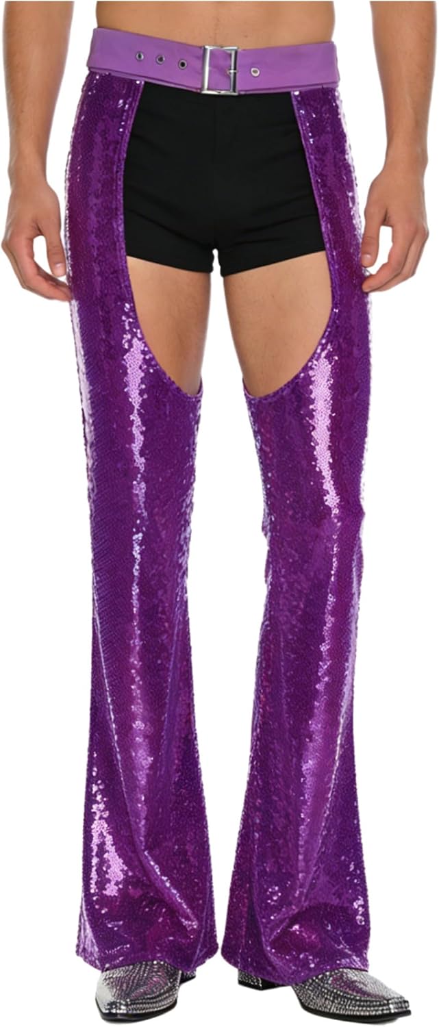 Men's Halloween Shiny Sequin Cowboy Chaps Hollow Out Flared Pants Masquerade Club Trousers