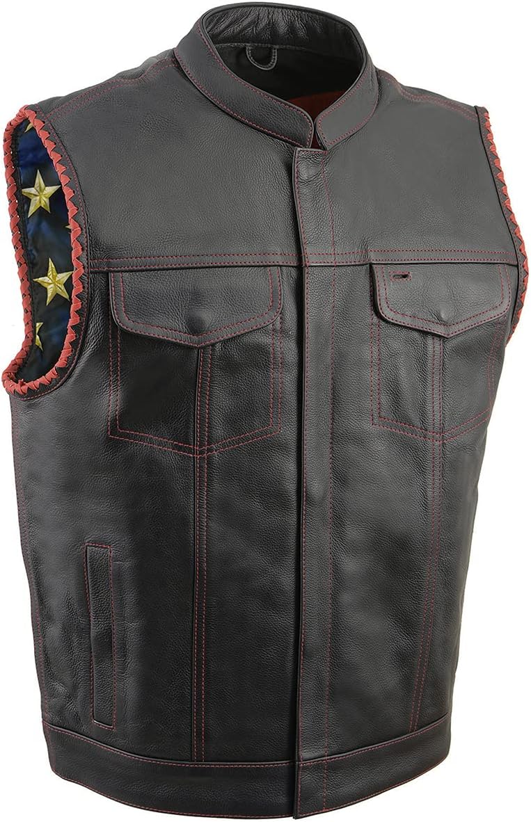 Milwaukee Leather MLM3506 Men's Black Premium Leather Vest - Old Glory Laced Armholes Red Stitching Club Style Vest - Small
